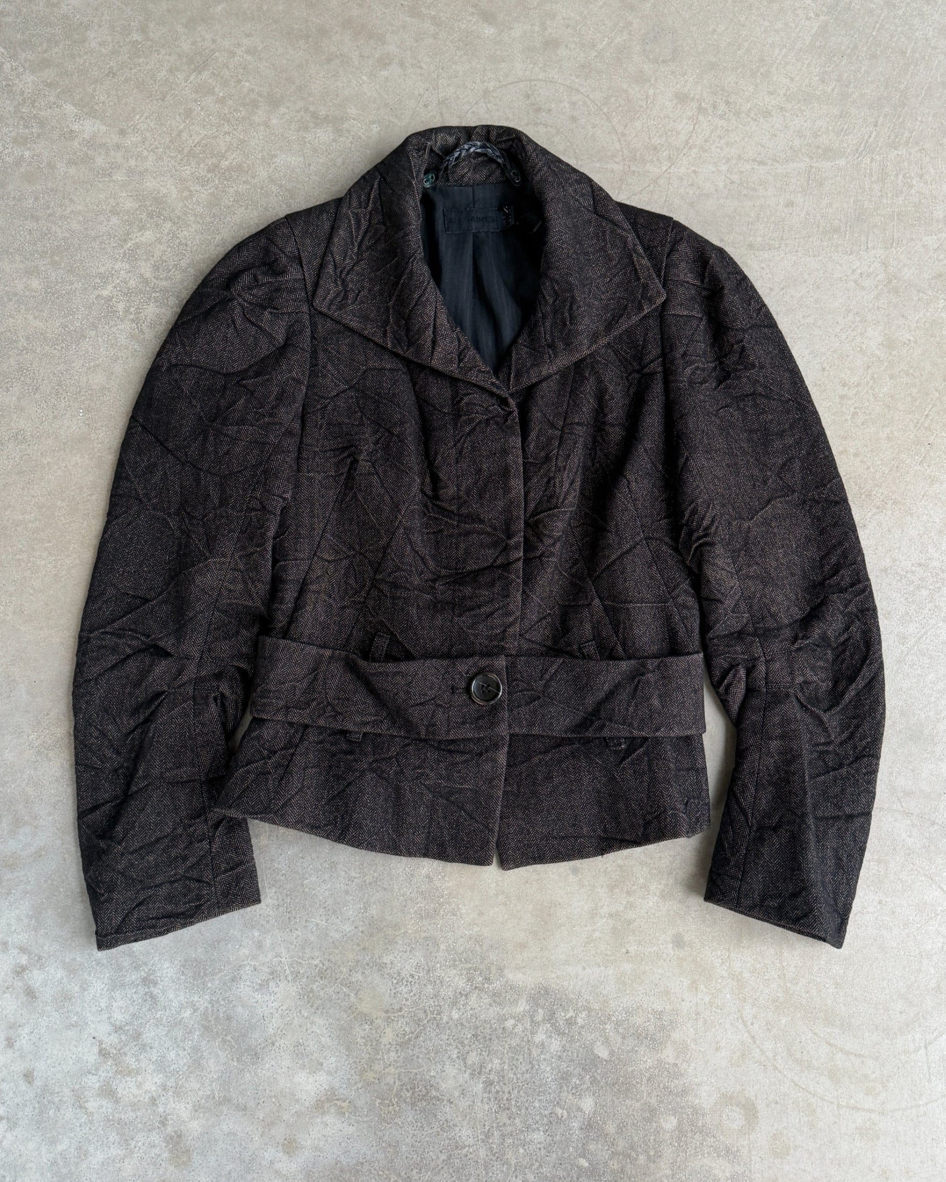 AllSaints Wool and Cotton Belted Jacket – XS-on a concrete background