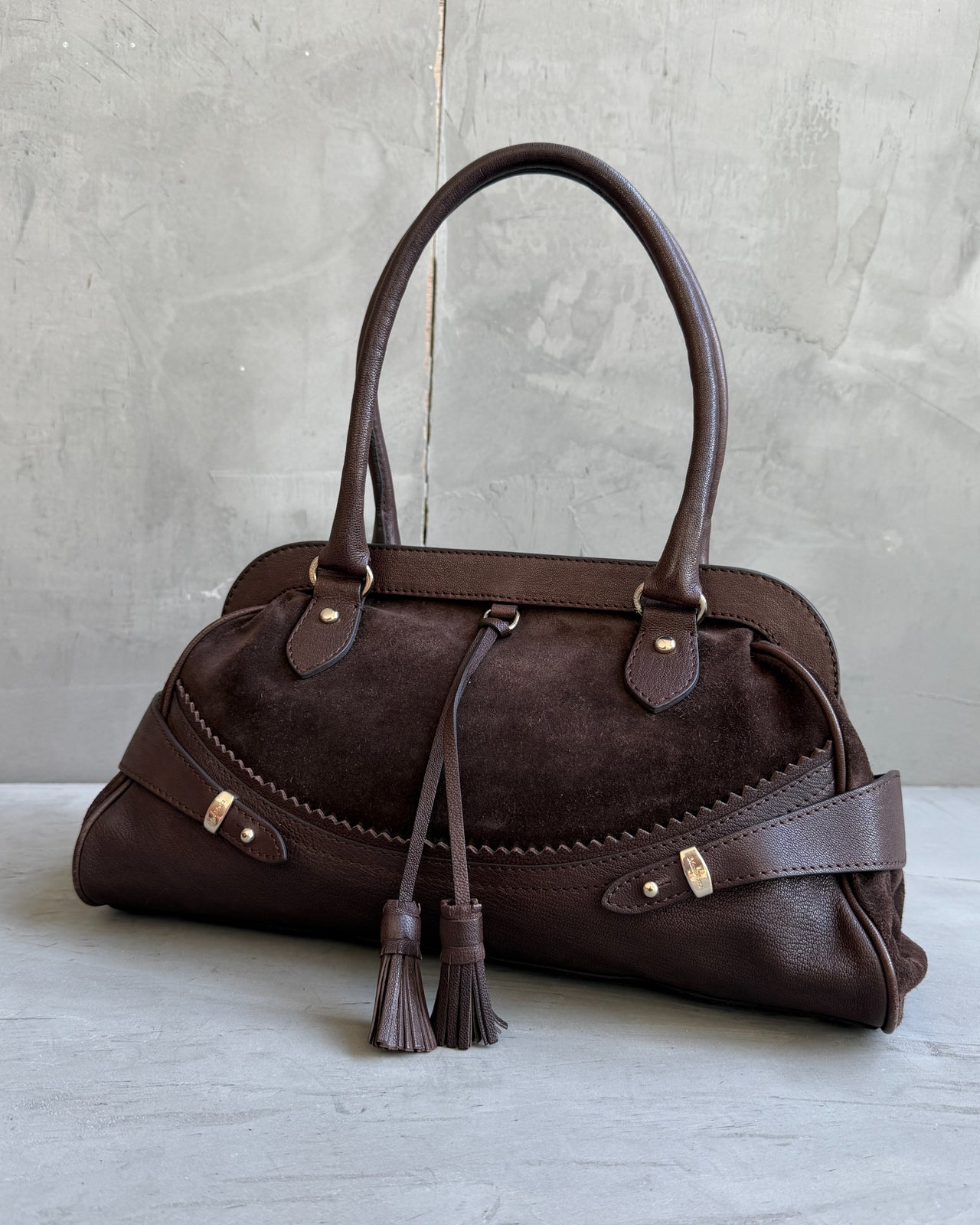 Max Mara Brown Leather and Suede Shoulder Bag-on a concrete background