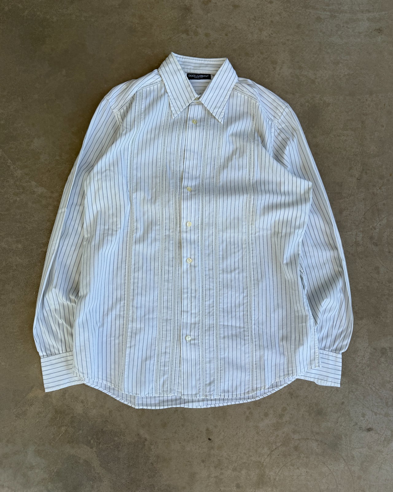 Dolce & Gabbana White Blue Striped Cotton Shirt – M-on a concrete background