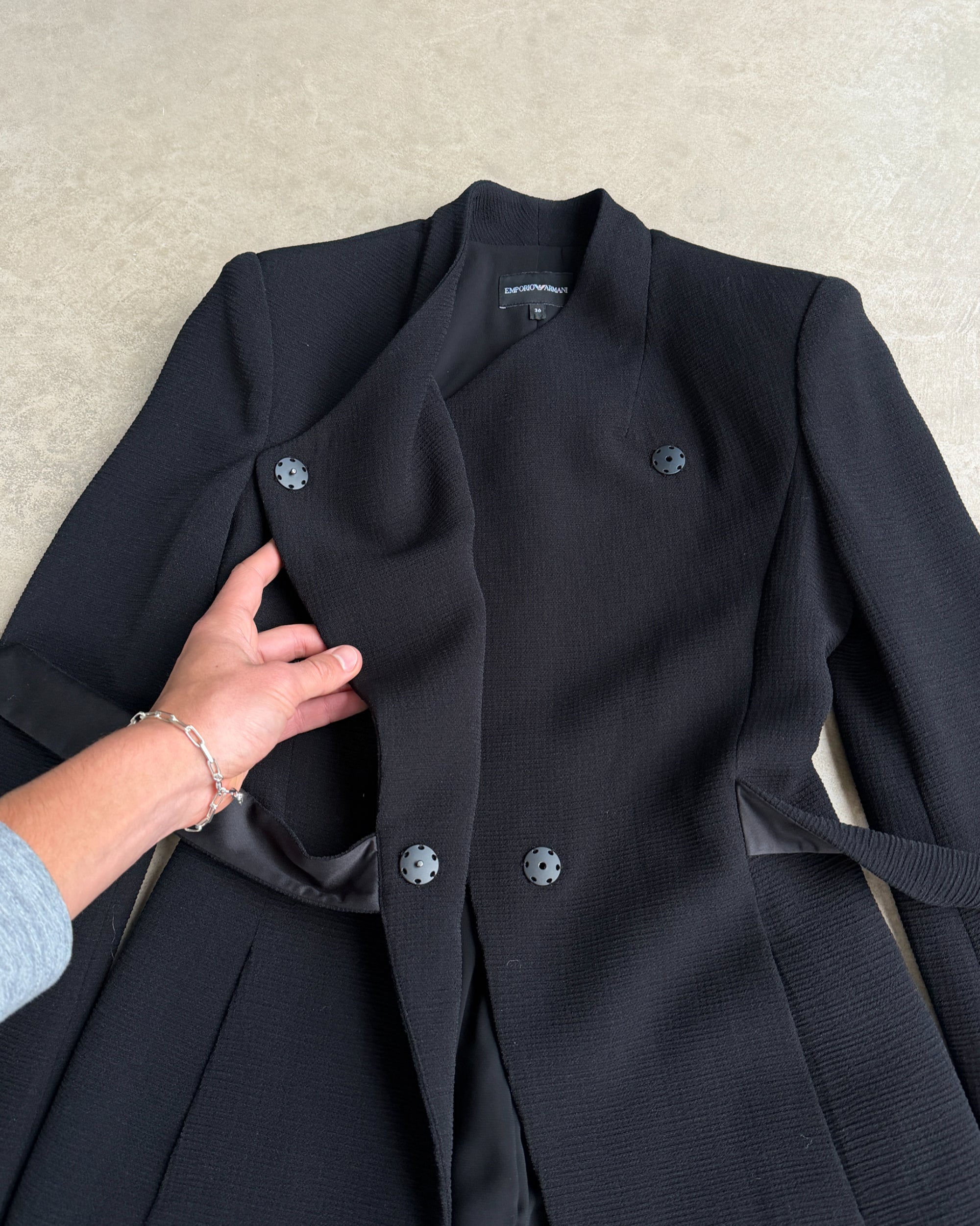 Emporio Armani 2020 Asymmetric Tie-Up Blazer – XS-on a concrete background