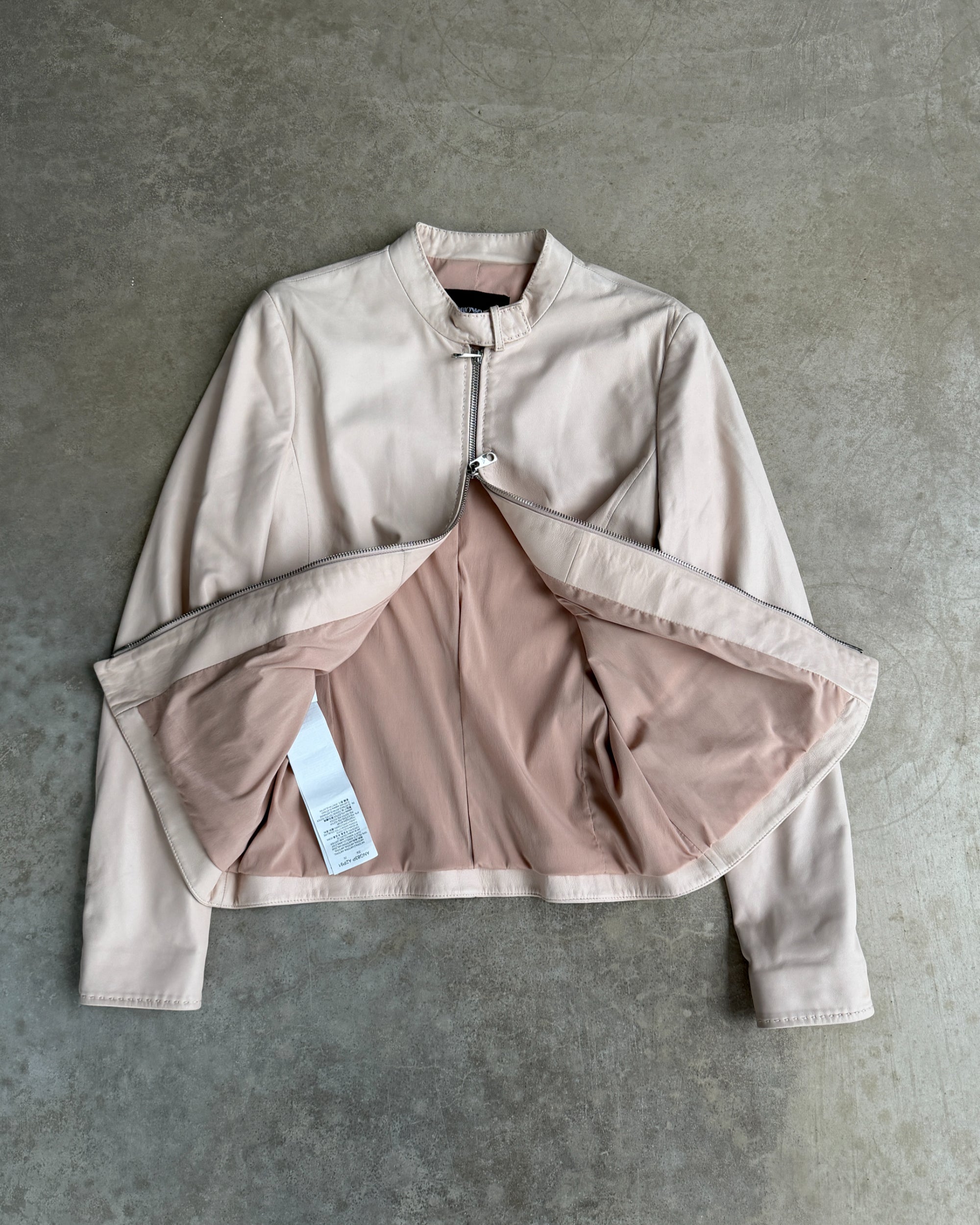 Emporio Armani Pink Lamb Leather Jacket – S-on a concrete background