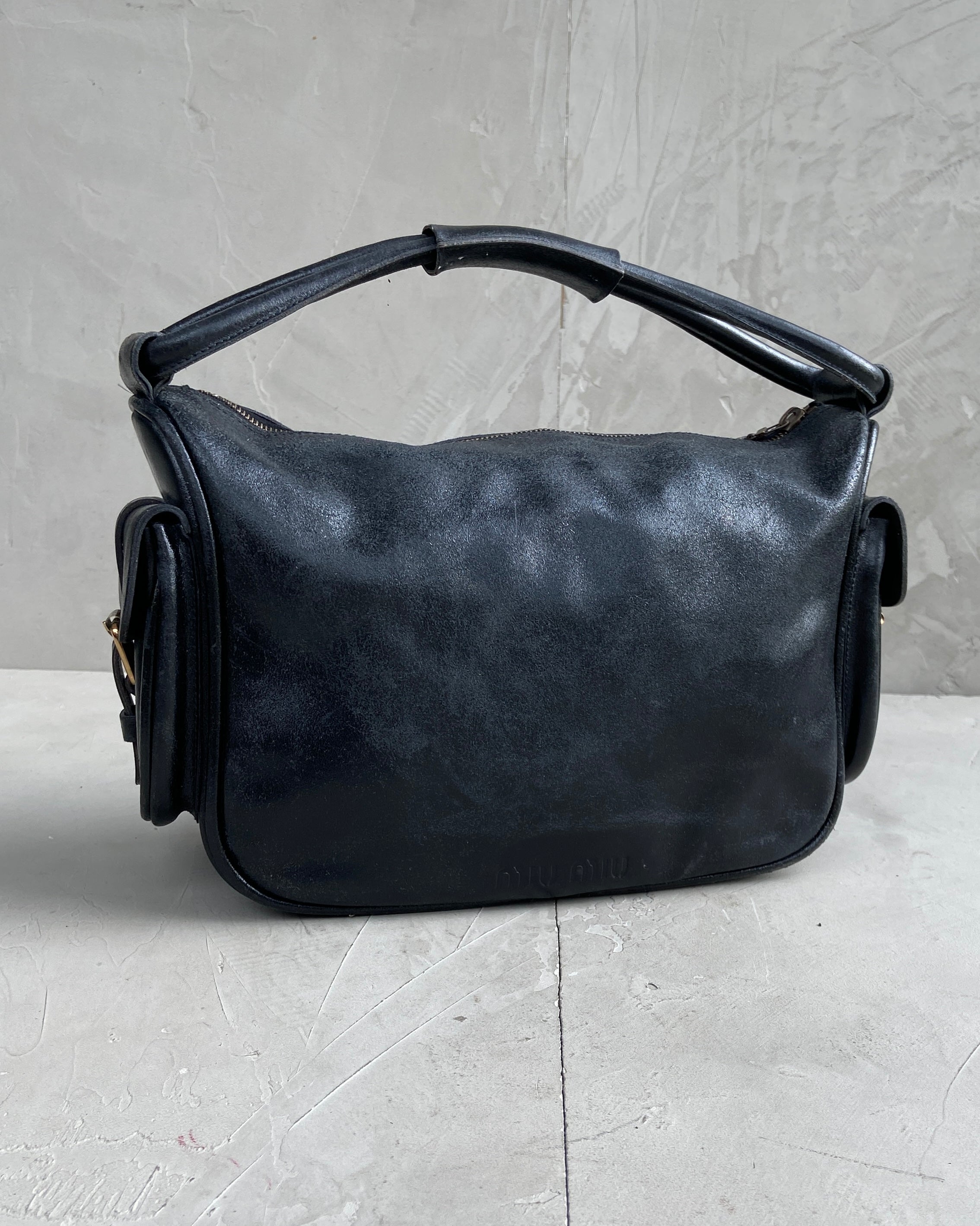 MIU MIU 2000'S BLACK LEATHER MULTI-POCKET SHOULDER BAG