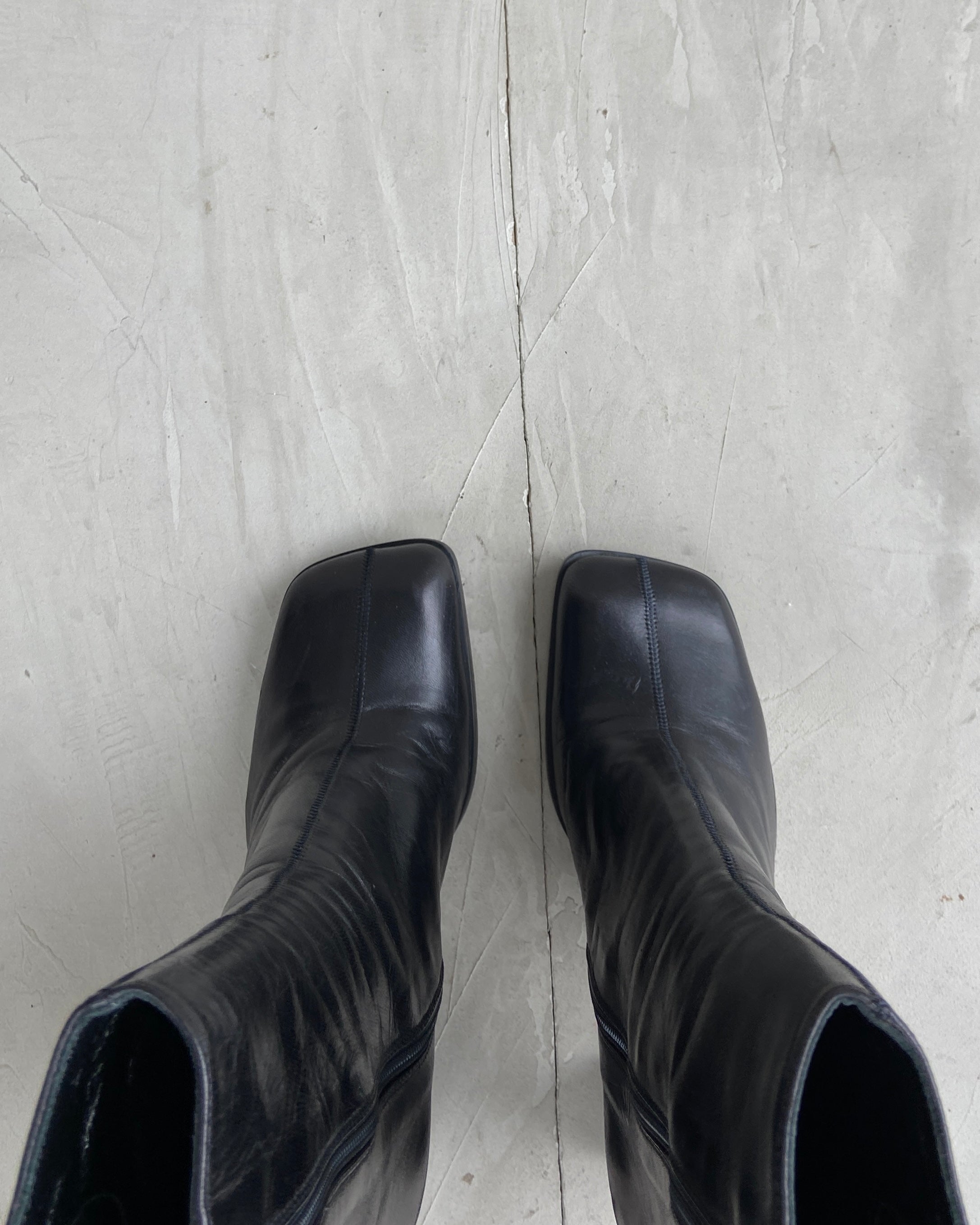 MIU MIU 2000'S SQUARE TOE BLOCK HEEL LEATHER BOOTS - EU 36.5 / UK 4