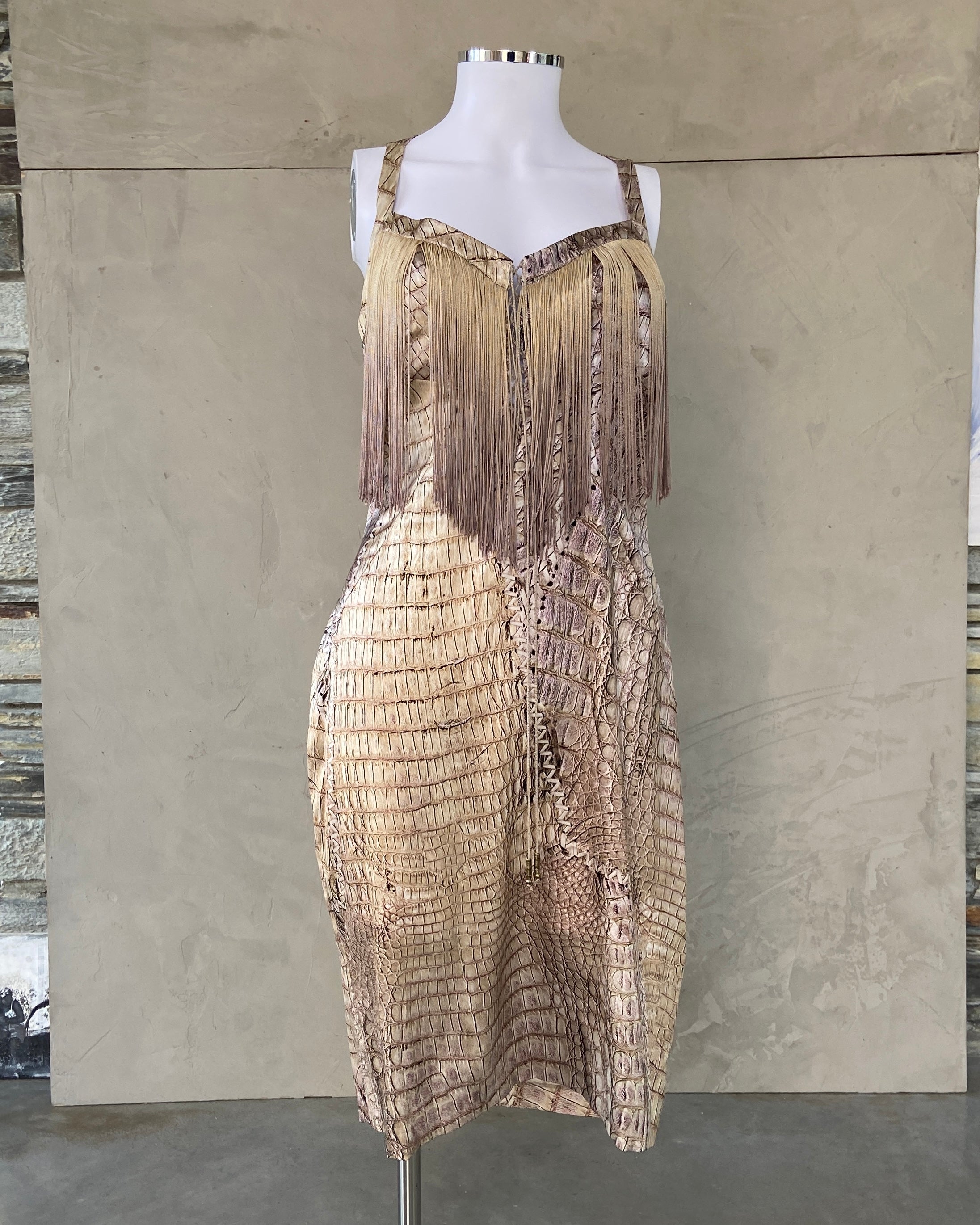 ROBERTO CAVALLI SS2011 SNAKE PRINT FRINGE DRESS - M