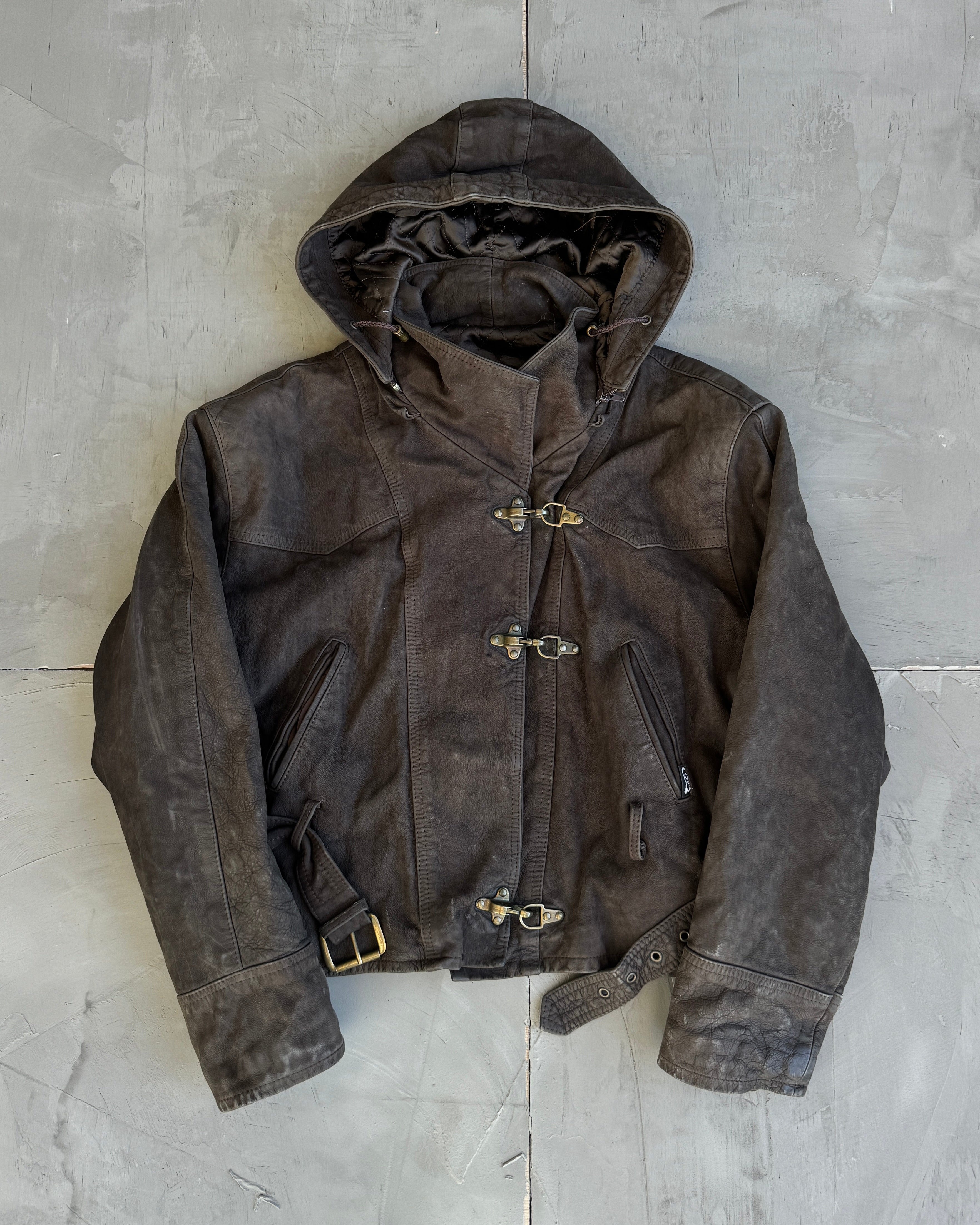 90's Fireman Clasp Hooded Leather Jacket - M