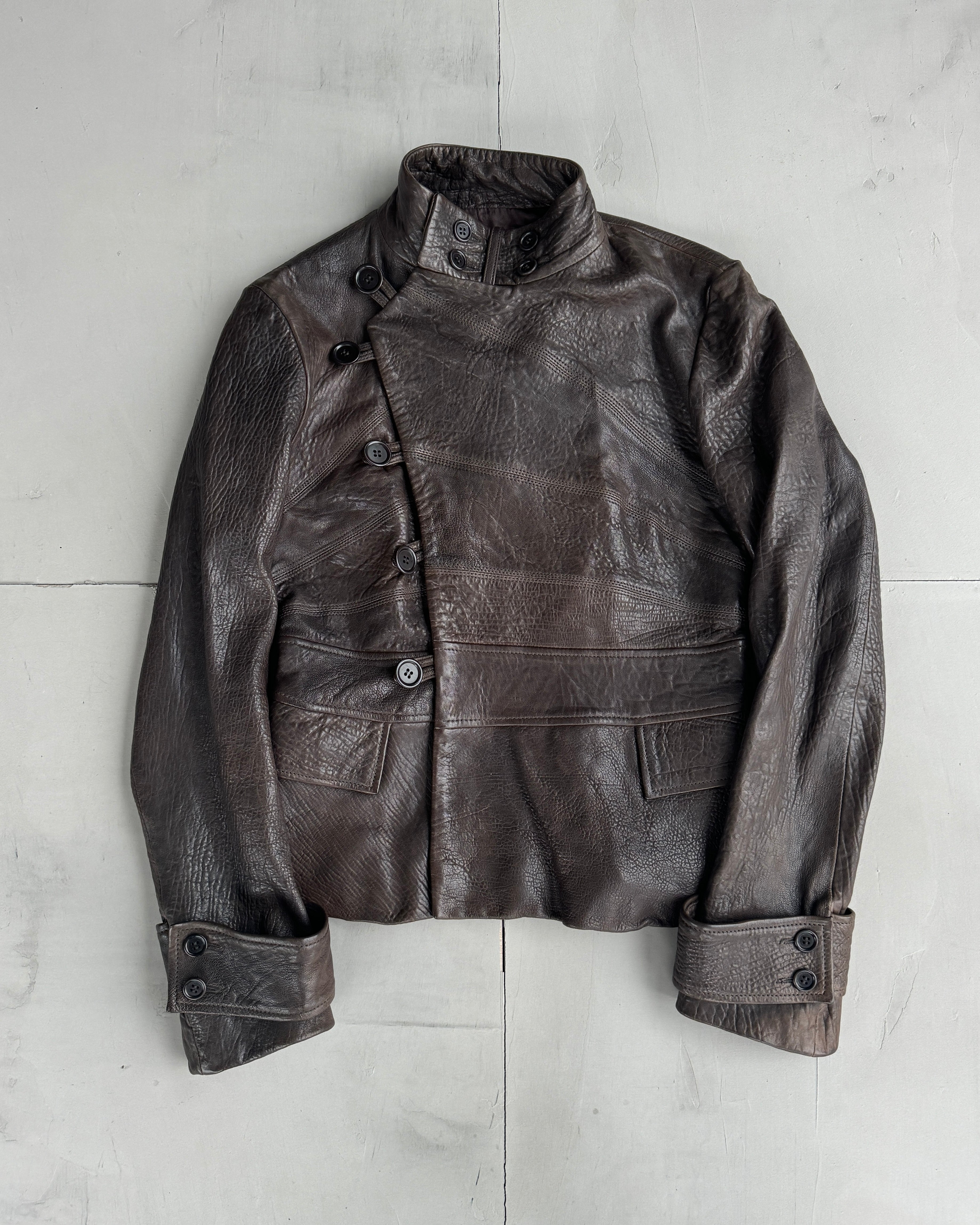 FARHI ASYMMETRIC BUTTON UP LEATHER JACKET - M