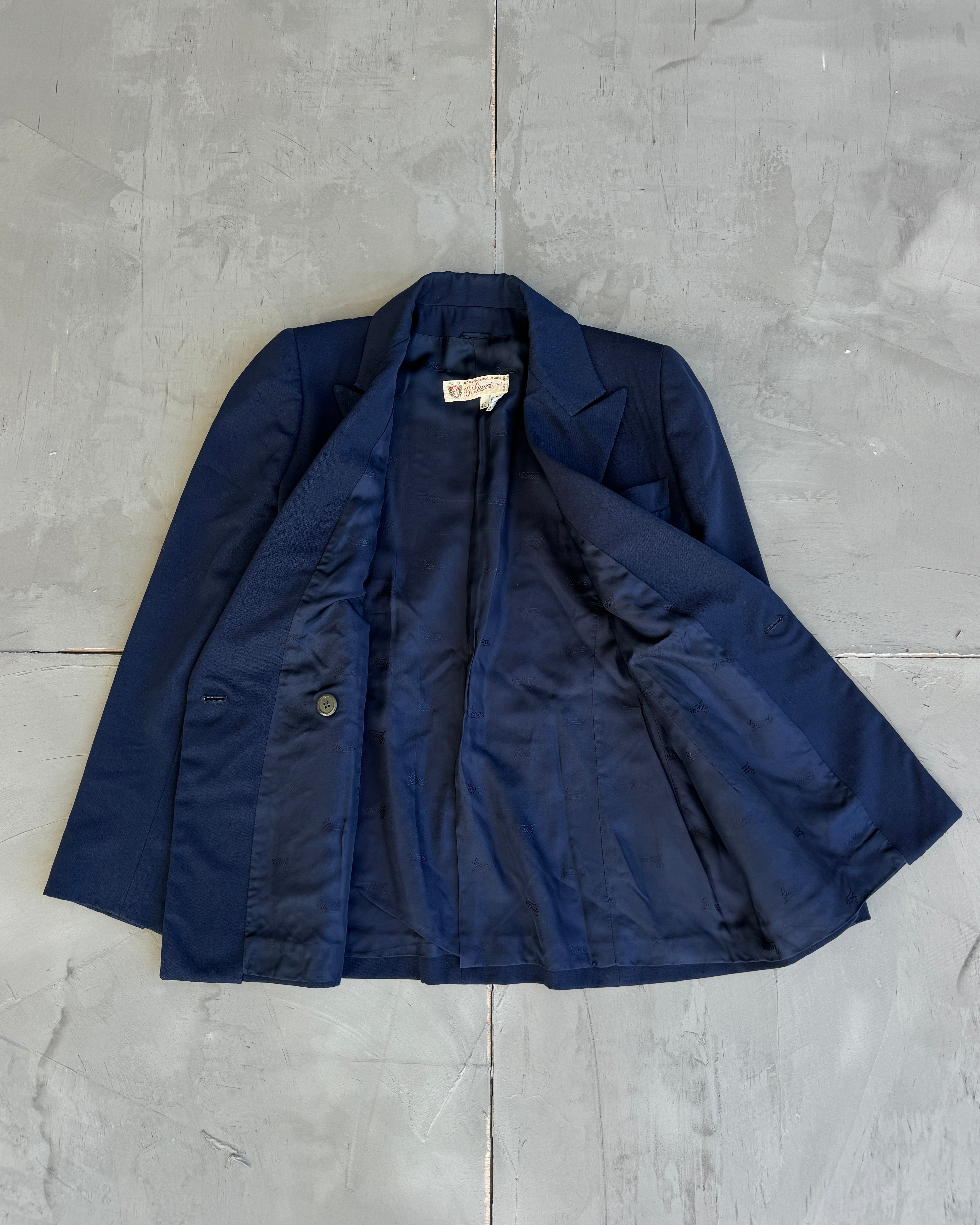 70's Gucci Wool Navy Blazer with Peak Lapels - S