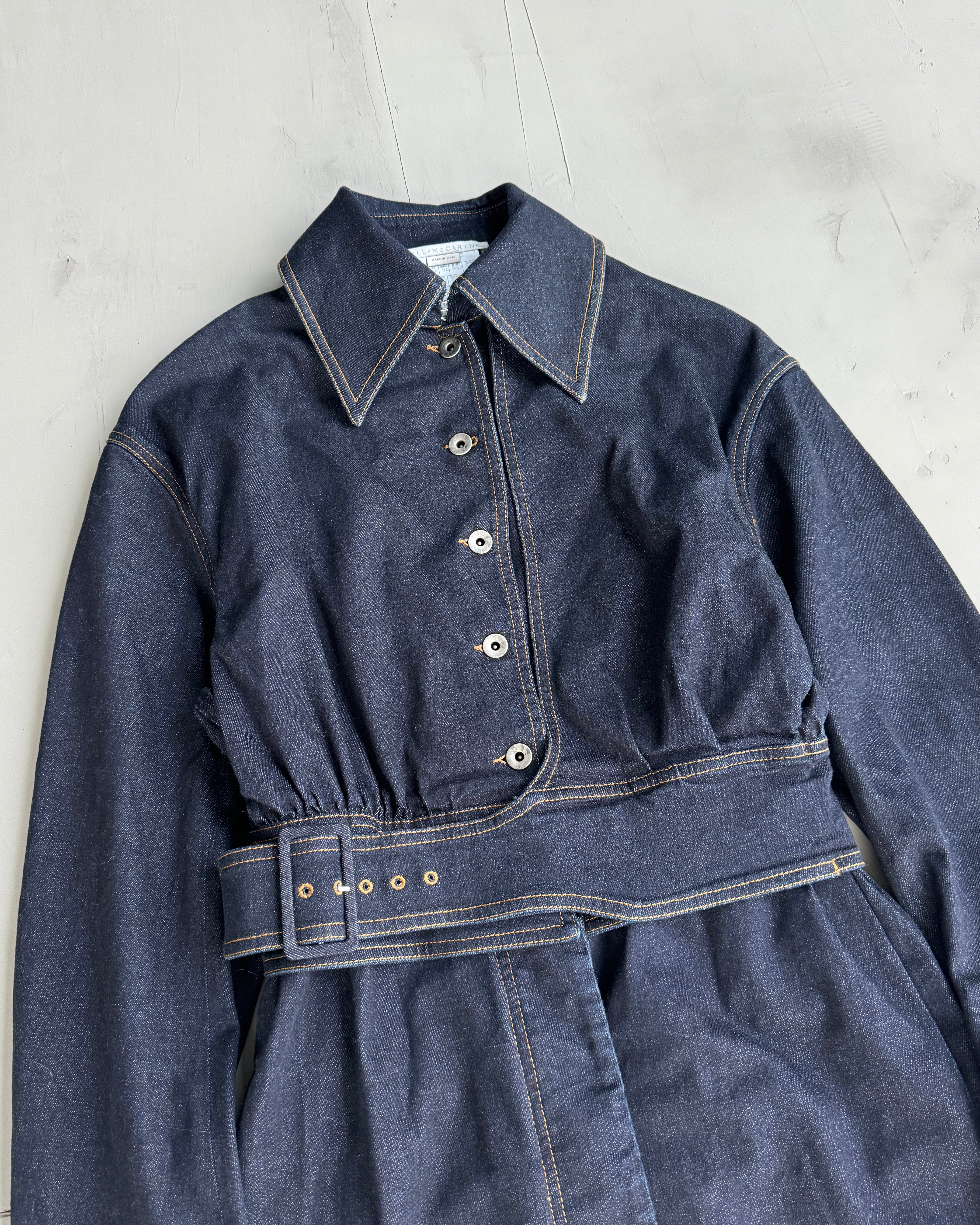 STELLA MCCARTNEY 2017 ASYMMETRIC BELTED DENIM COAT - S/M