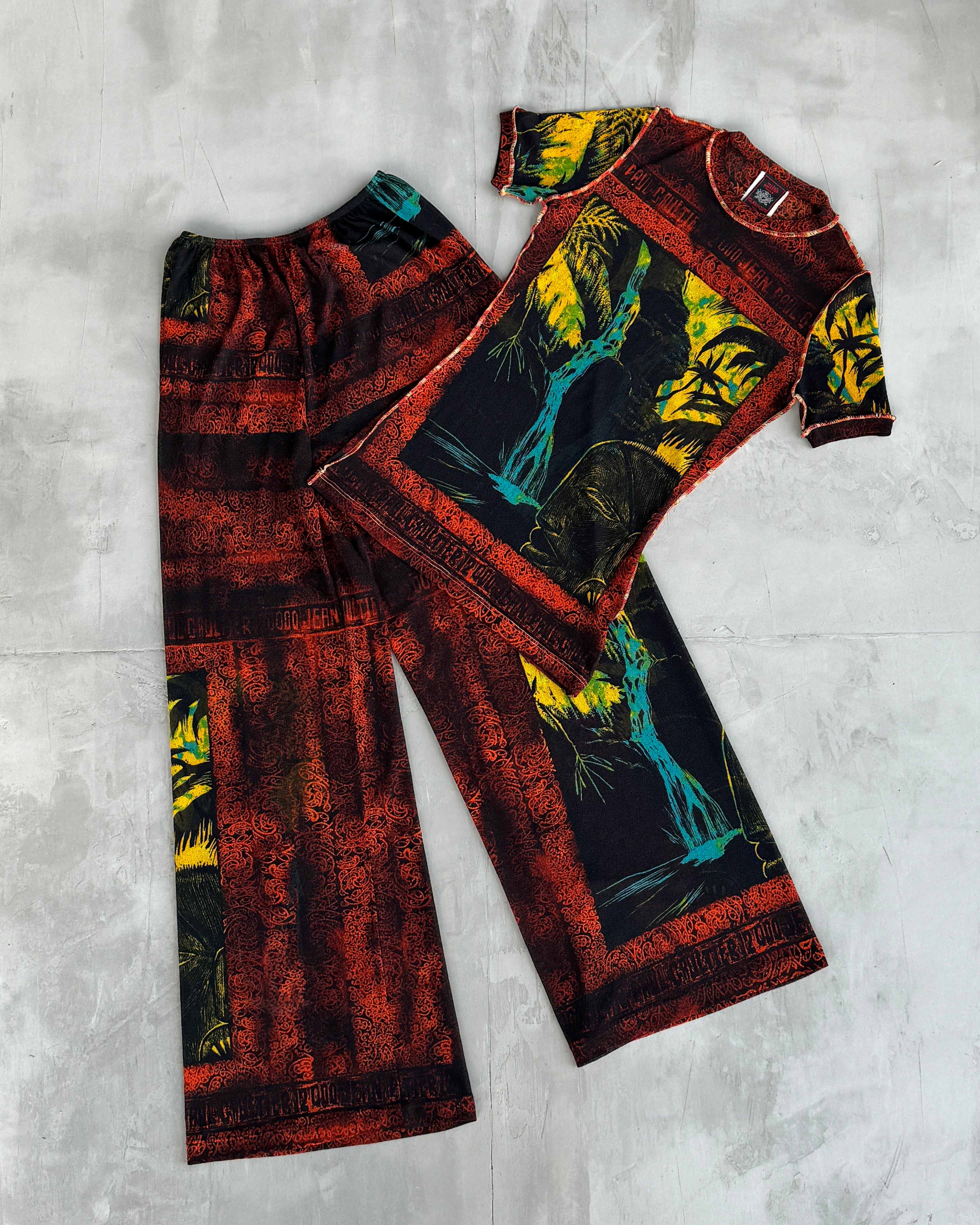 JEAN PAUL GAULTIER JPG 2000'S TROPICAL PRINT MESH TROUSER & TOP SET - S