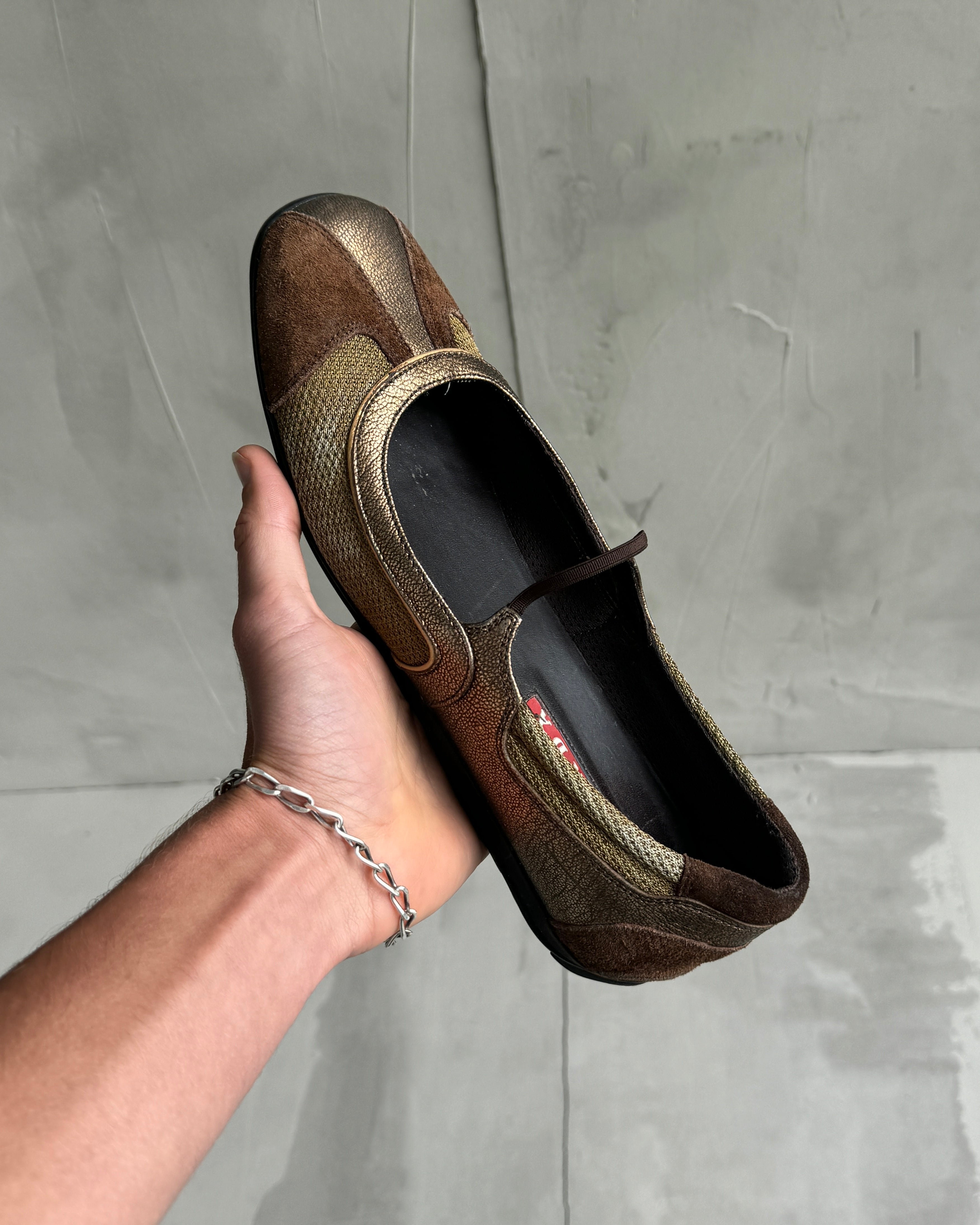 PRADA 2000'S BROWN & METALLIC SUEDE BALLET FLATS - EU 39 / UK 6