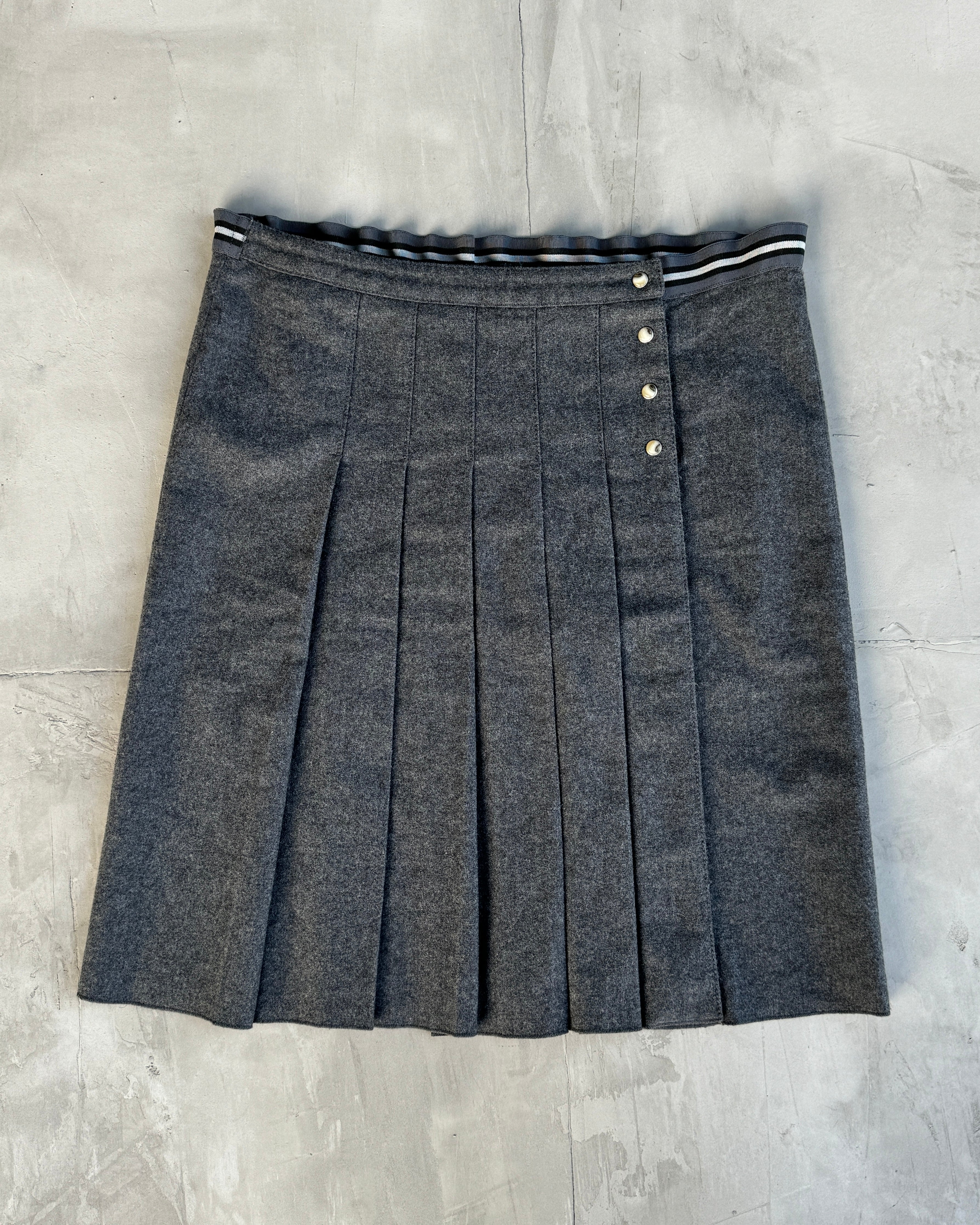 PRADA SPORT 2000'S GREY WOOL PLEATED MIDI WRAP SKIRT - M