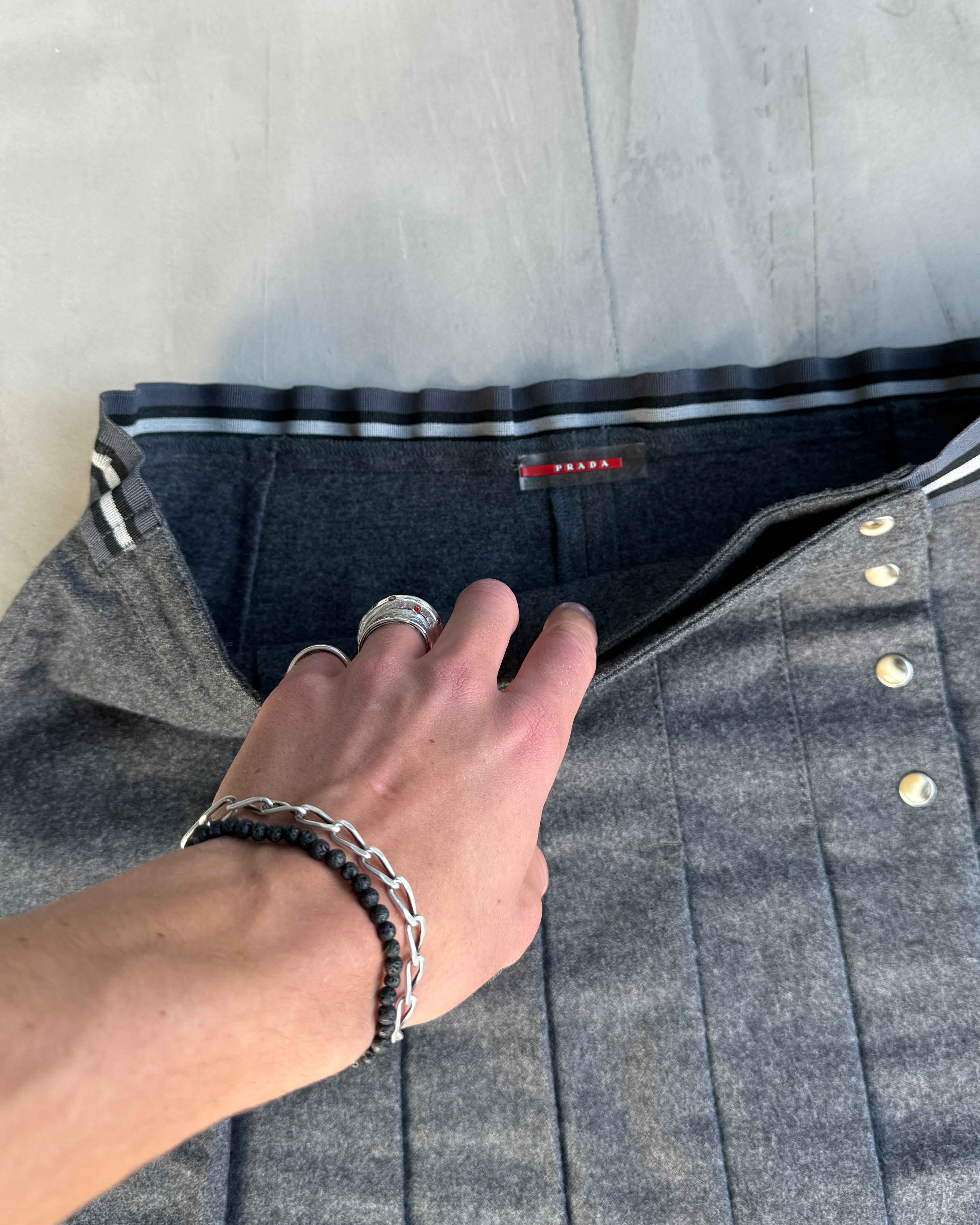 PRADA SPORT 2000'S GREY WOOL PLEATED MIDI WRAP SKIRT - M