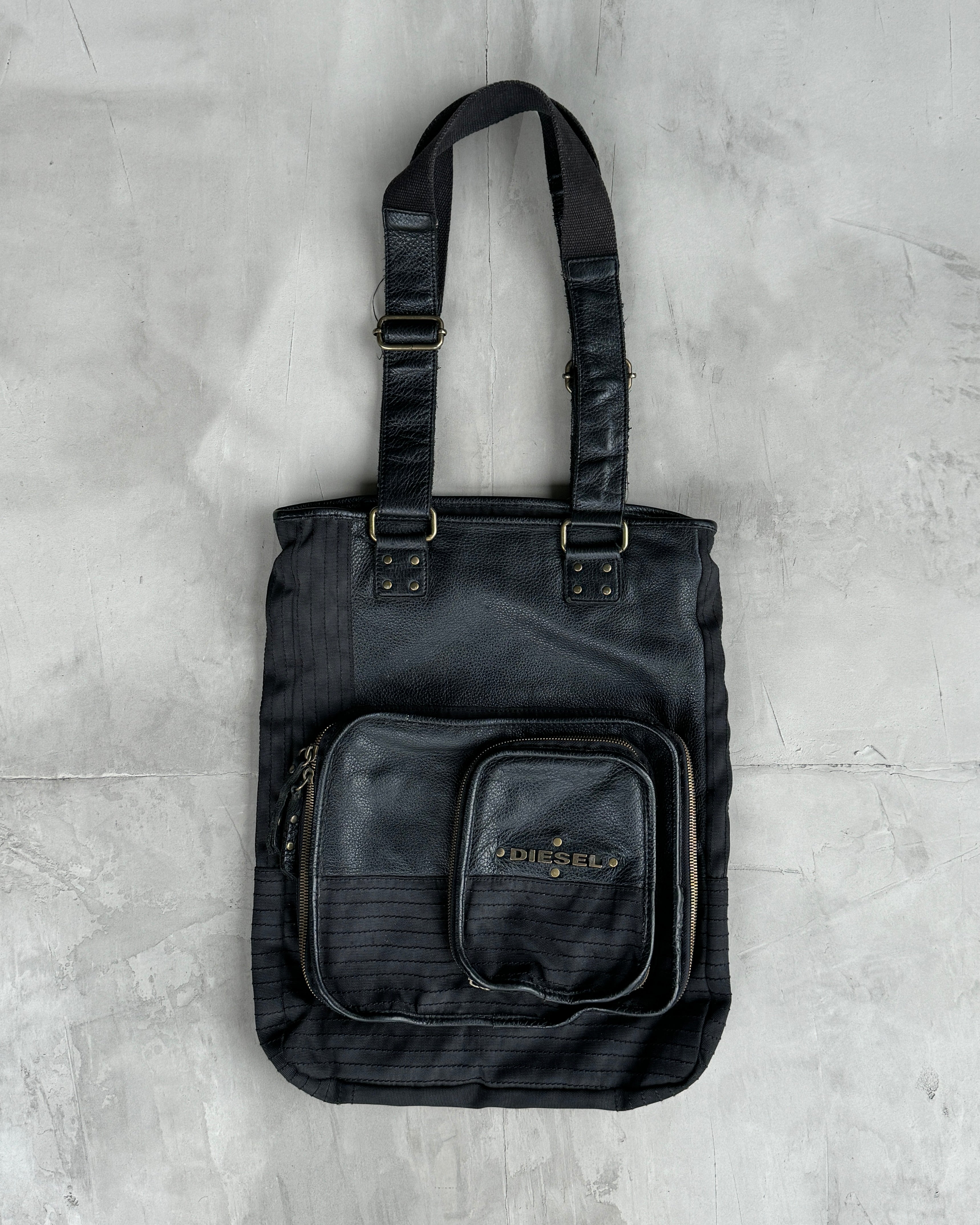 DIESEL BLACK LEATHER & CANVAS MULTI POCKET TOTE BAG