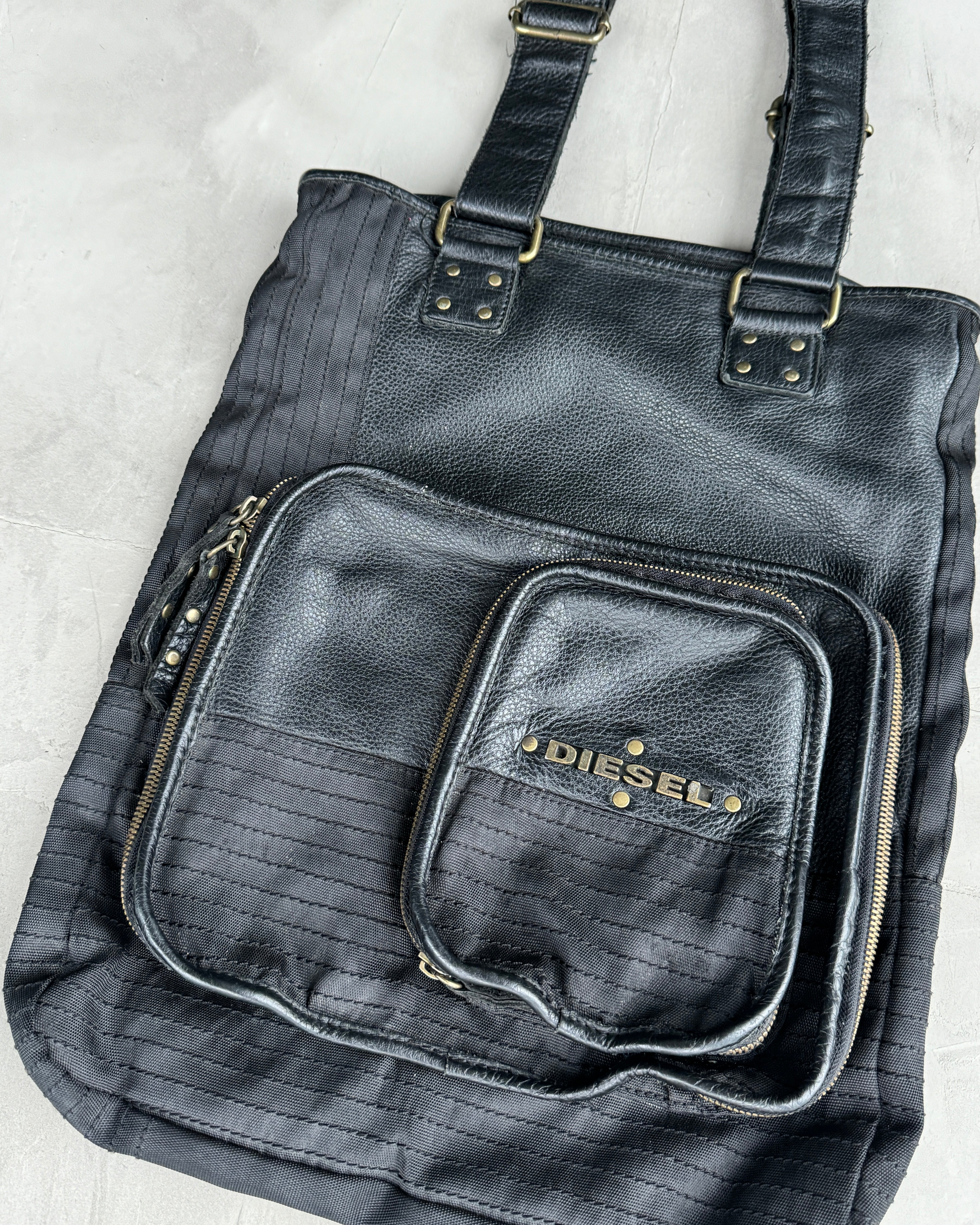 DIESEL BLACK LEATHER & CANVAS MULTI POCKET TOTE BAG