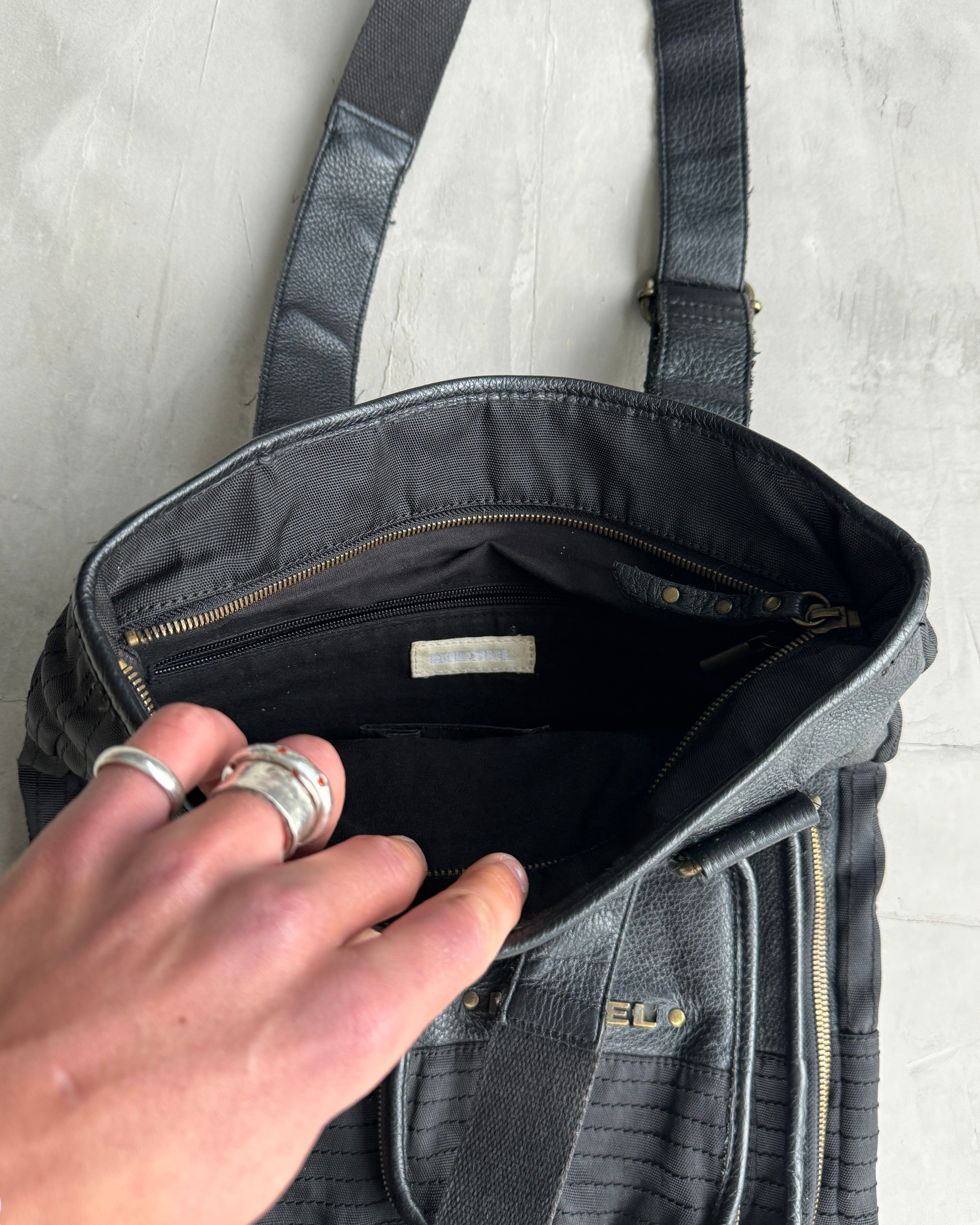 DIESEL BLACK LEATHER & CANVAS MULTI POCKET TOTE BAG