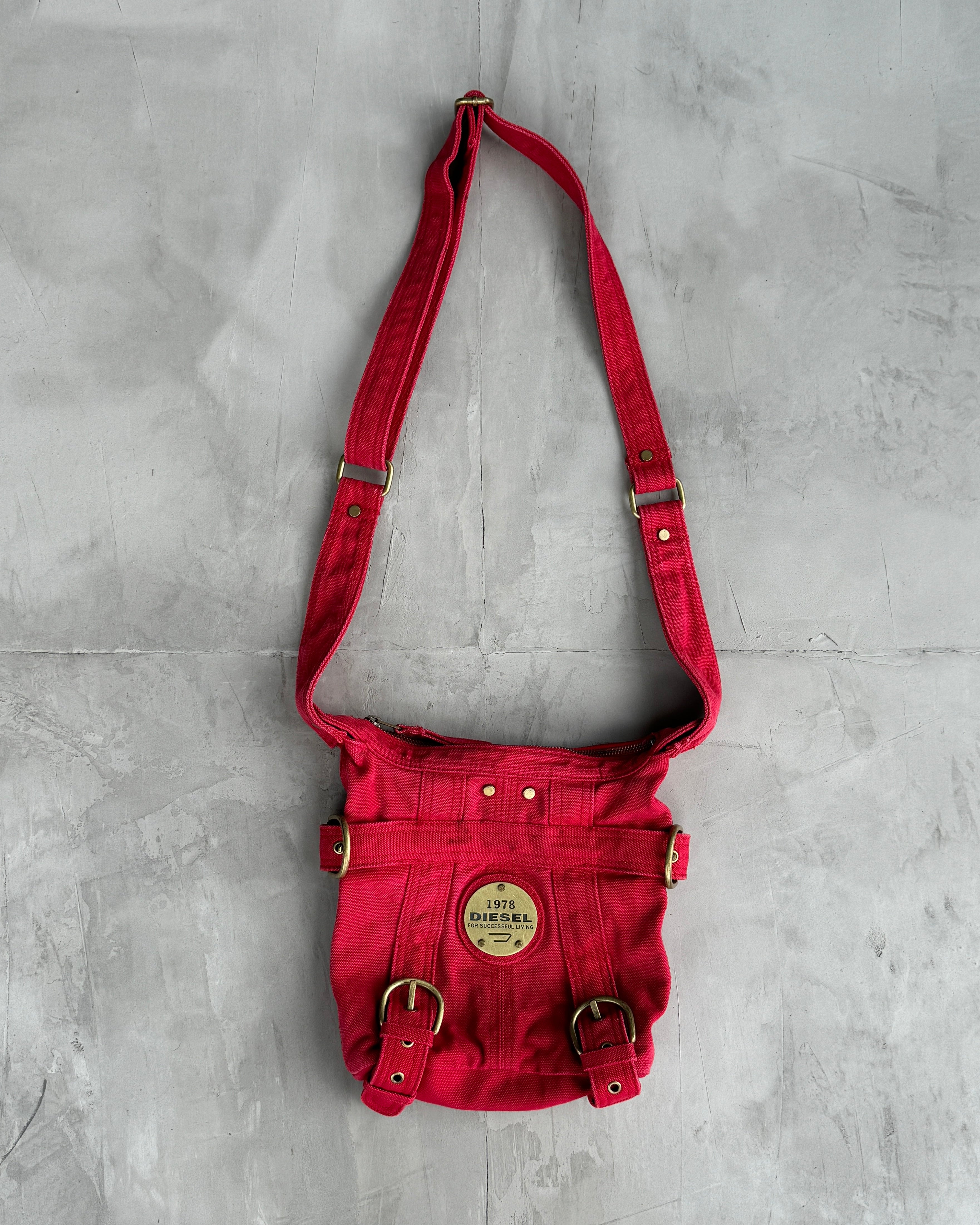 DIESEL RED CANVAS BUCKLE SIDE BAG