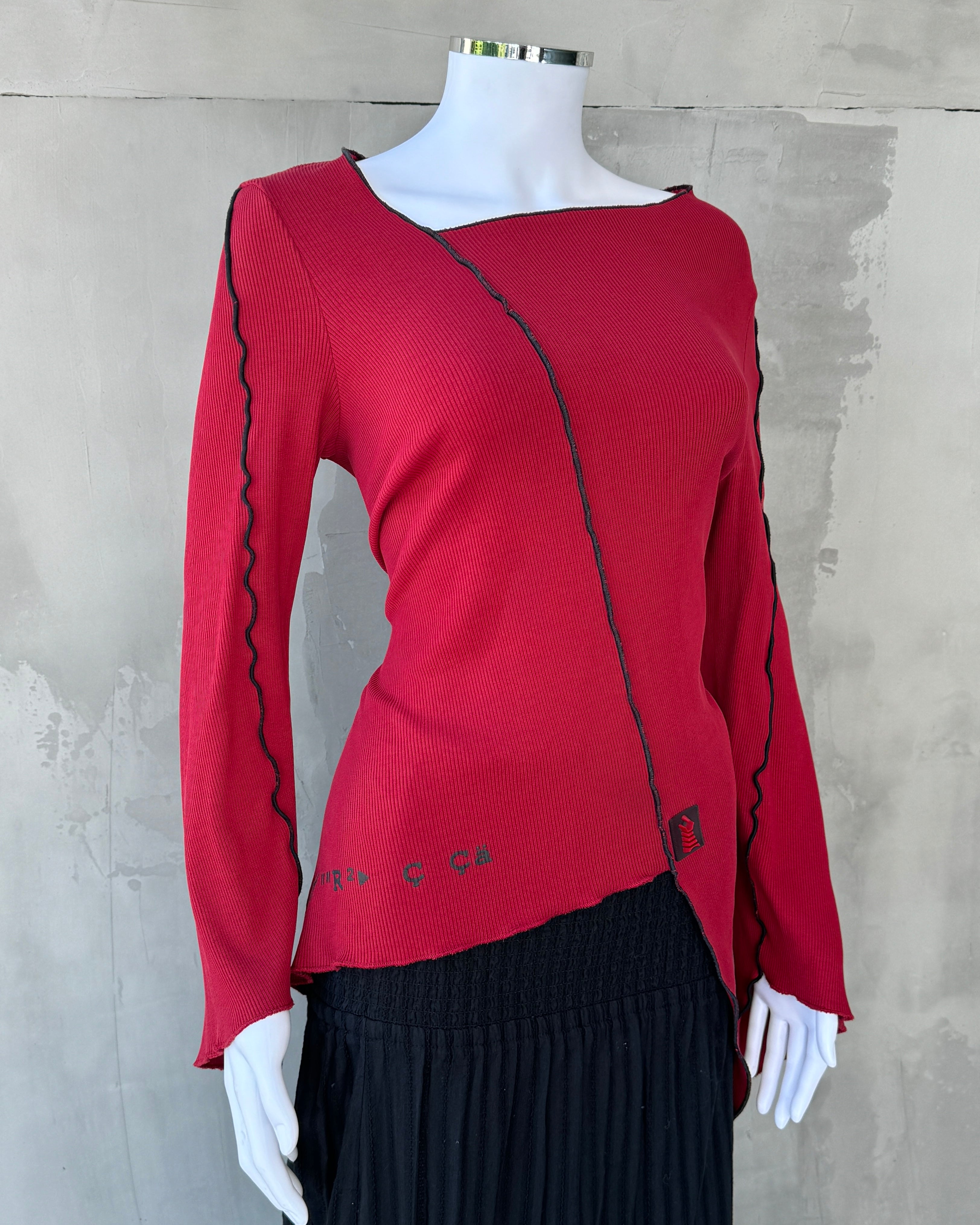 COP COPINE LONG SLEEVE RED ASYMMETRIC RIBBED TOP - M/L