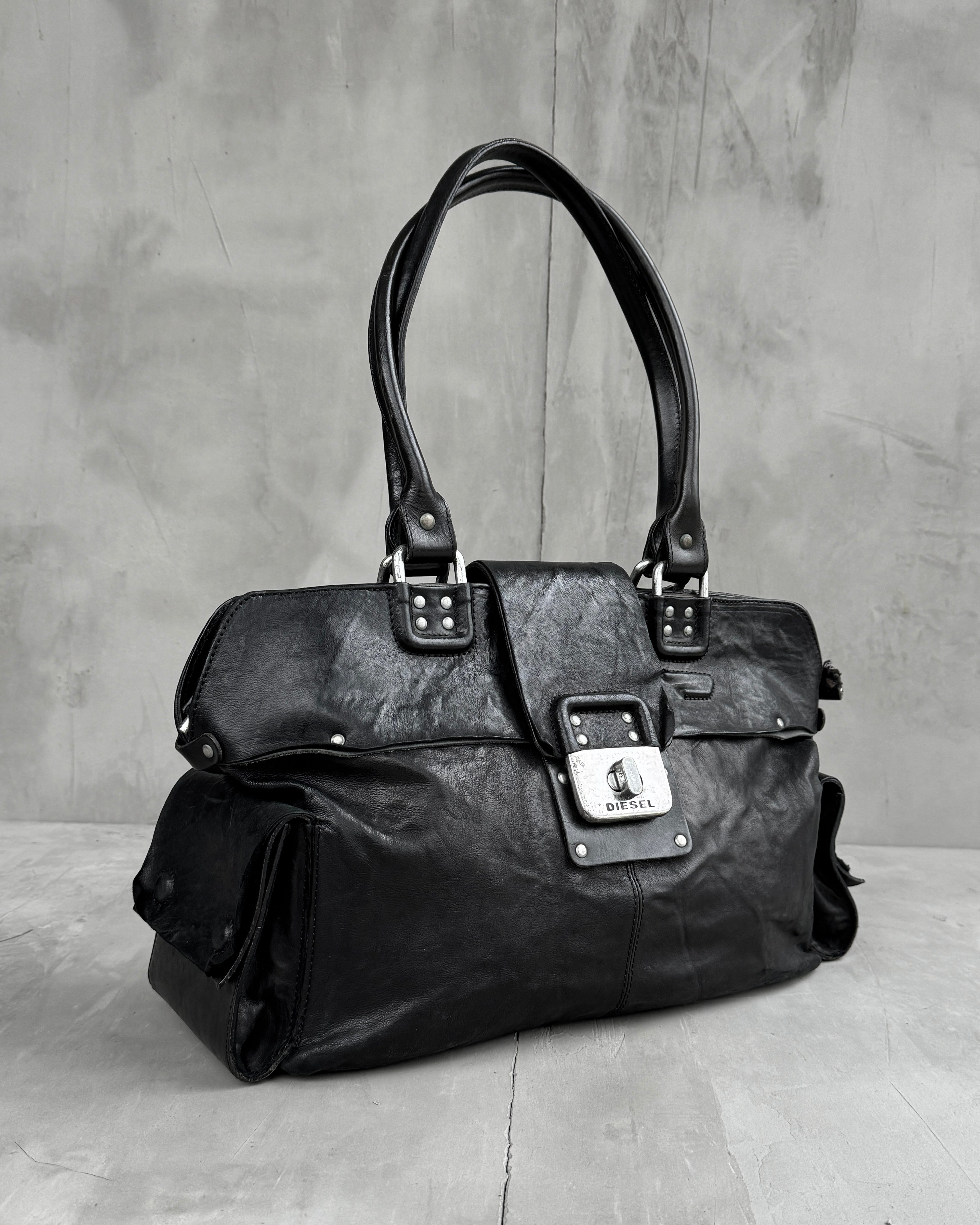 DIESEL 90'S LEATHER & CHROME MULTIPOCKET SHOULDER BAG