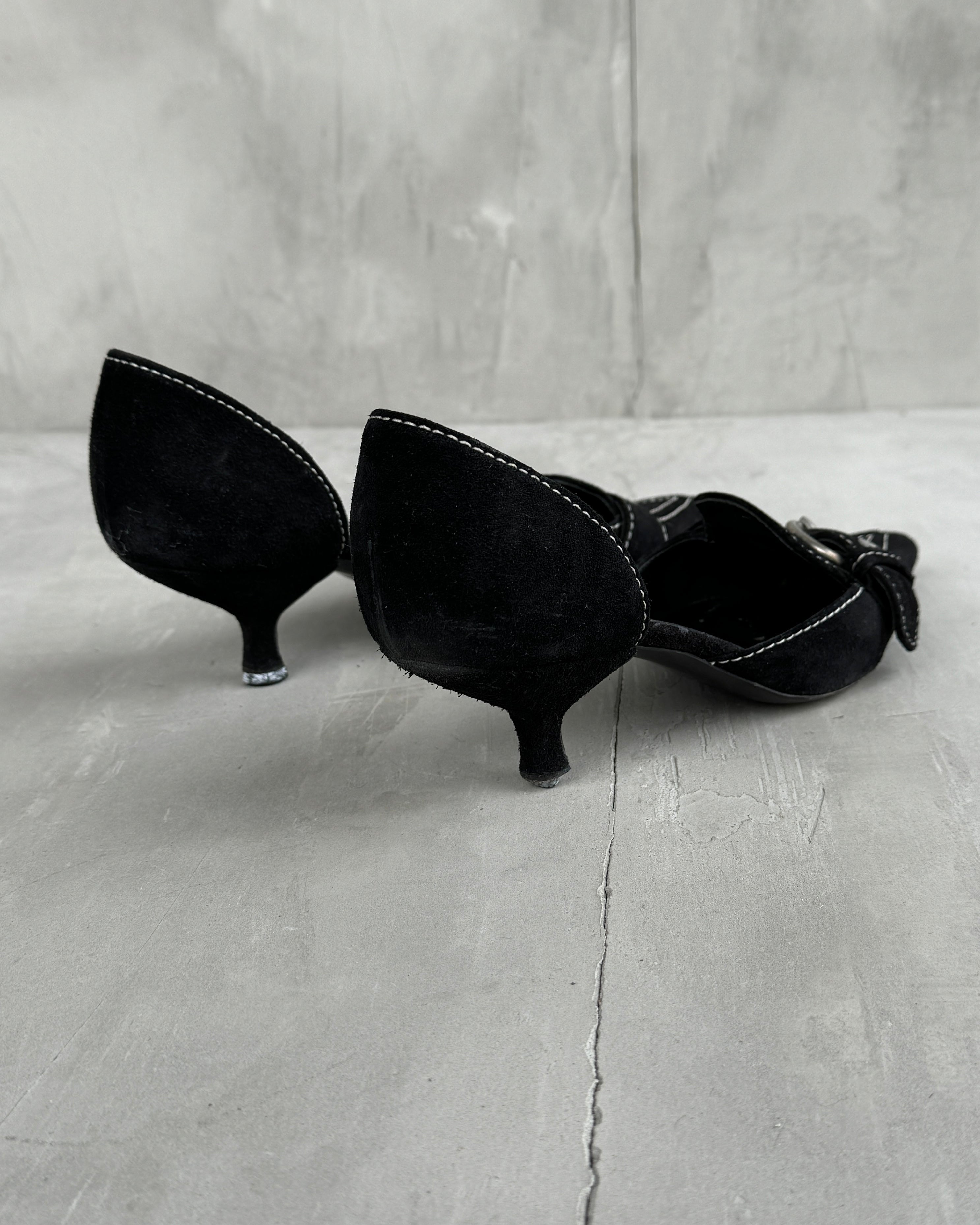 PRADA 2000'S BLACK SUEDE BUCKLE KITTEN HEEL - EU 36.5 / UK 3.5