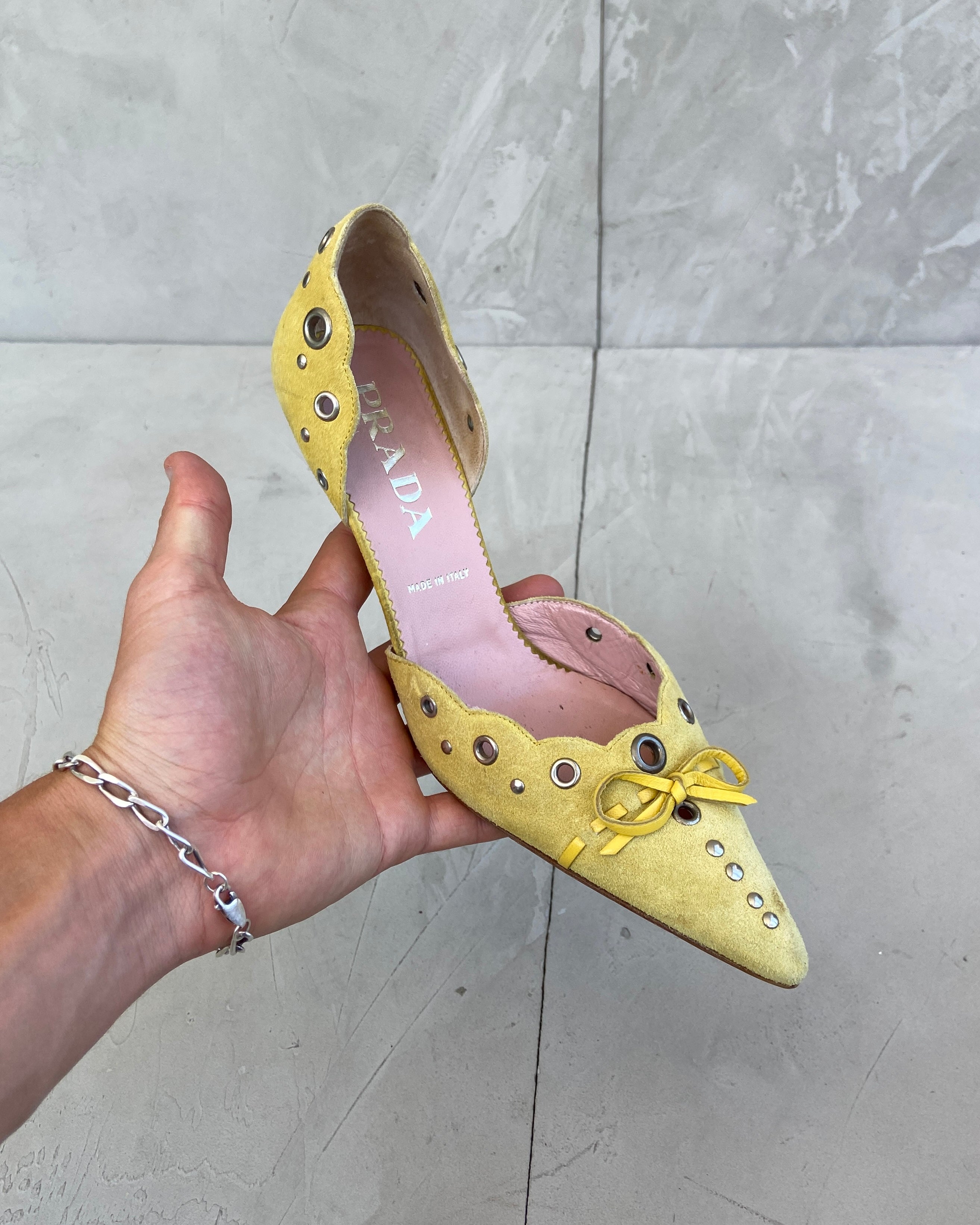 PRADA 90'S EYELET STUDDED SUEDE HEELS - EU 36 / UK 3