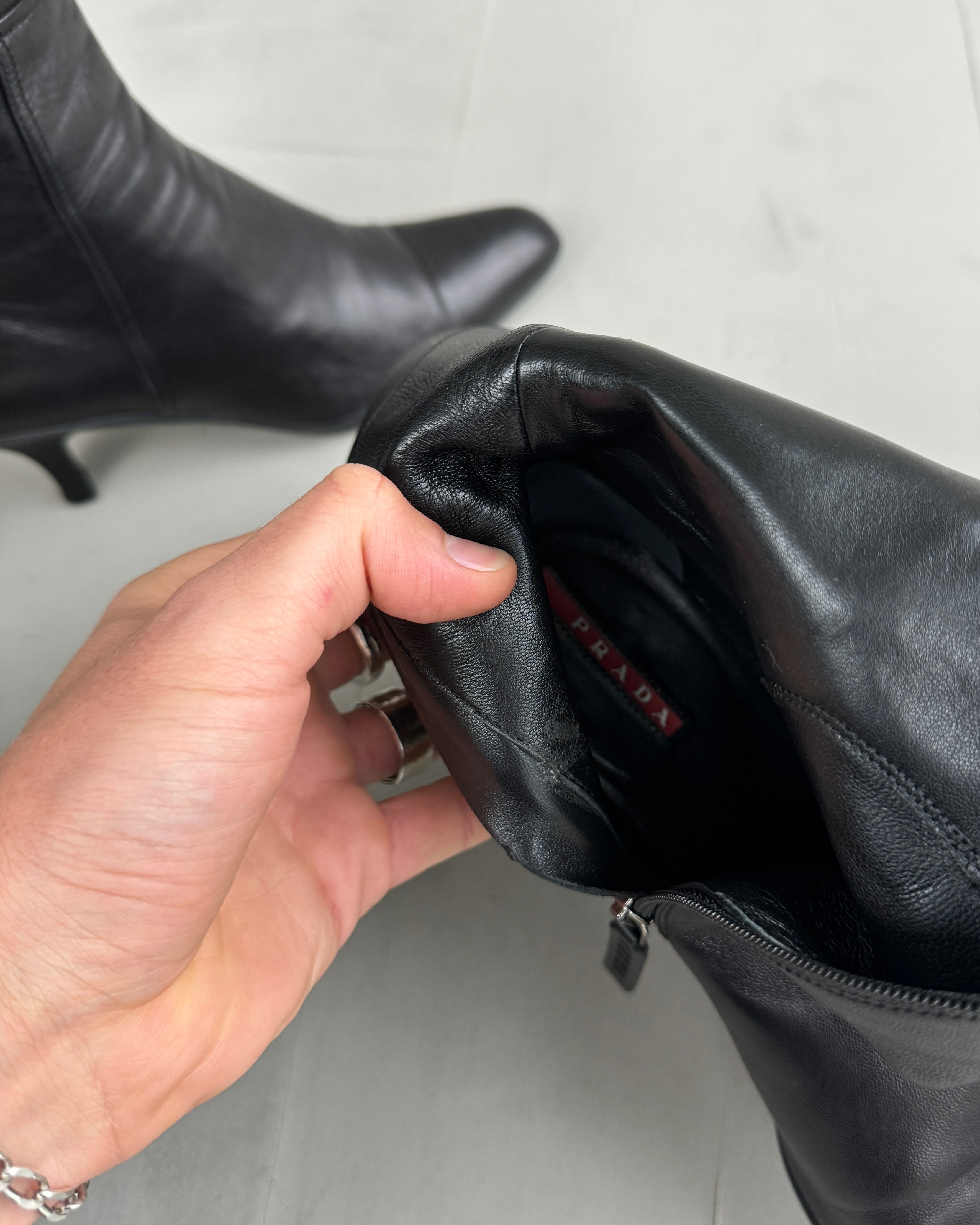 PRADA KITTEN HEEL SPORT LEATHER BOOTS - EU 37