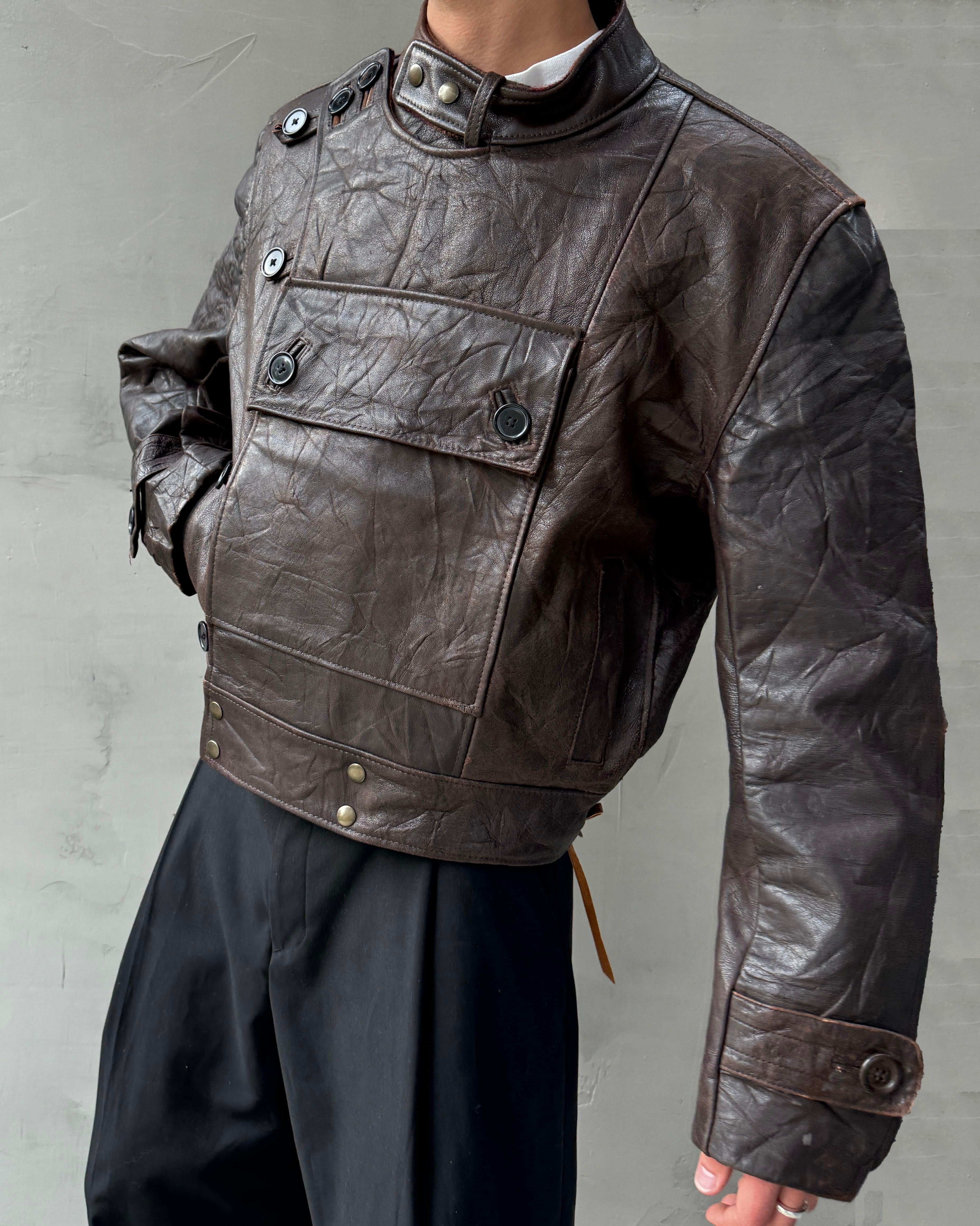 90'S SWEDISH ARMY LEATHER MOTO JACKET - L