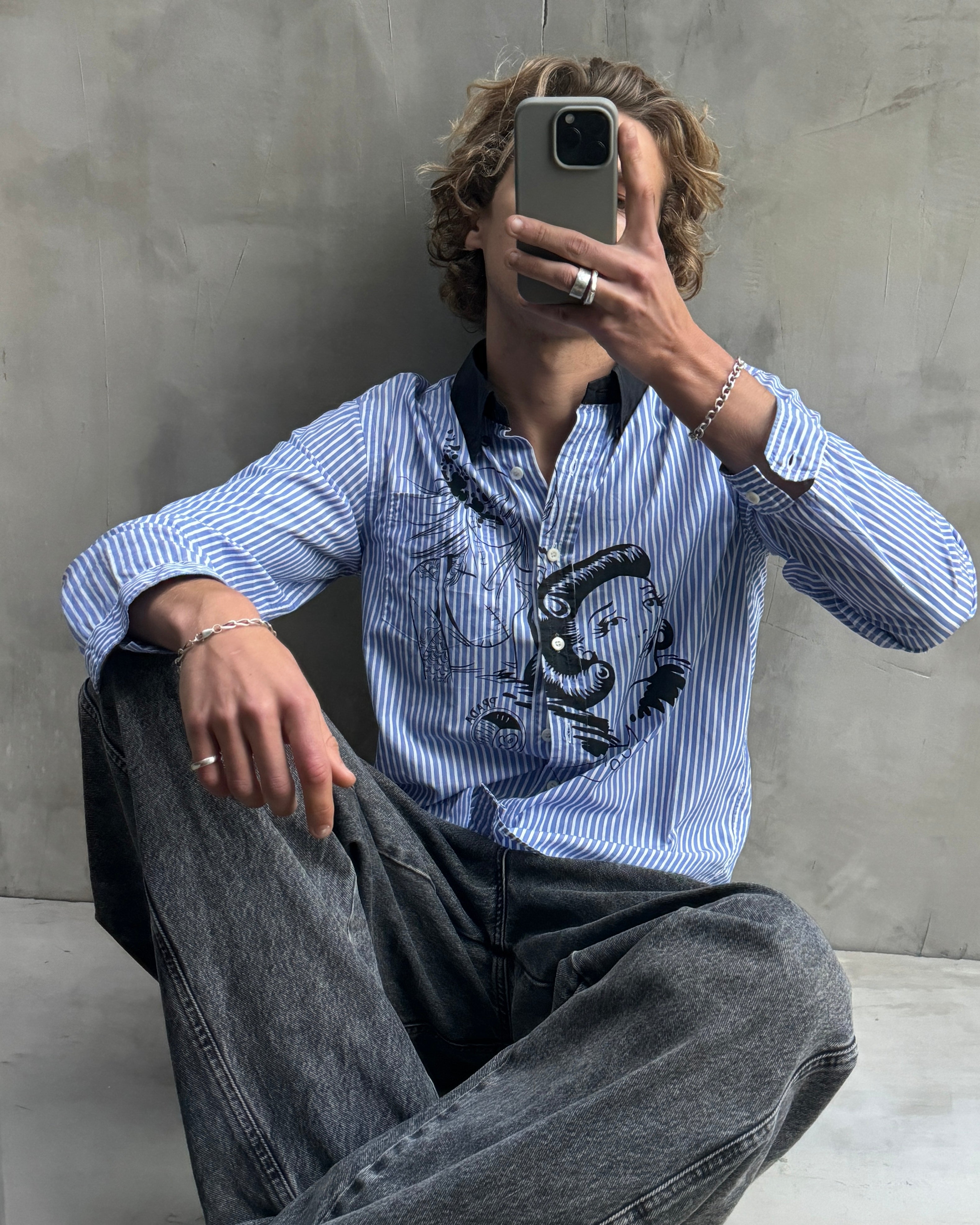 PRADA GRAPHIC BLUE & WHITE STRIPED LONG SLEEVE SHIRT - S/M