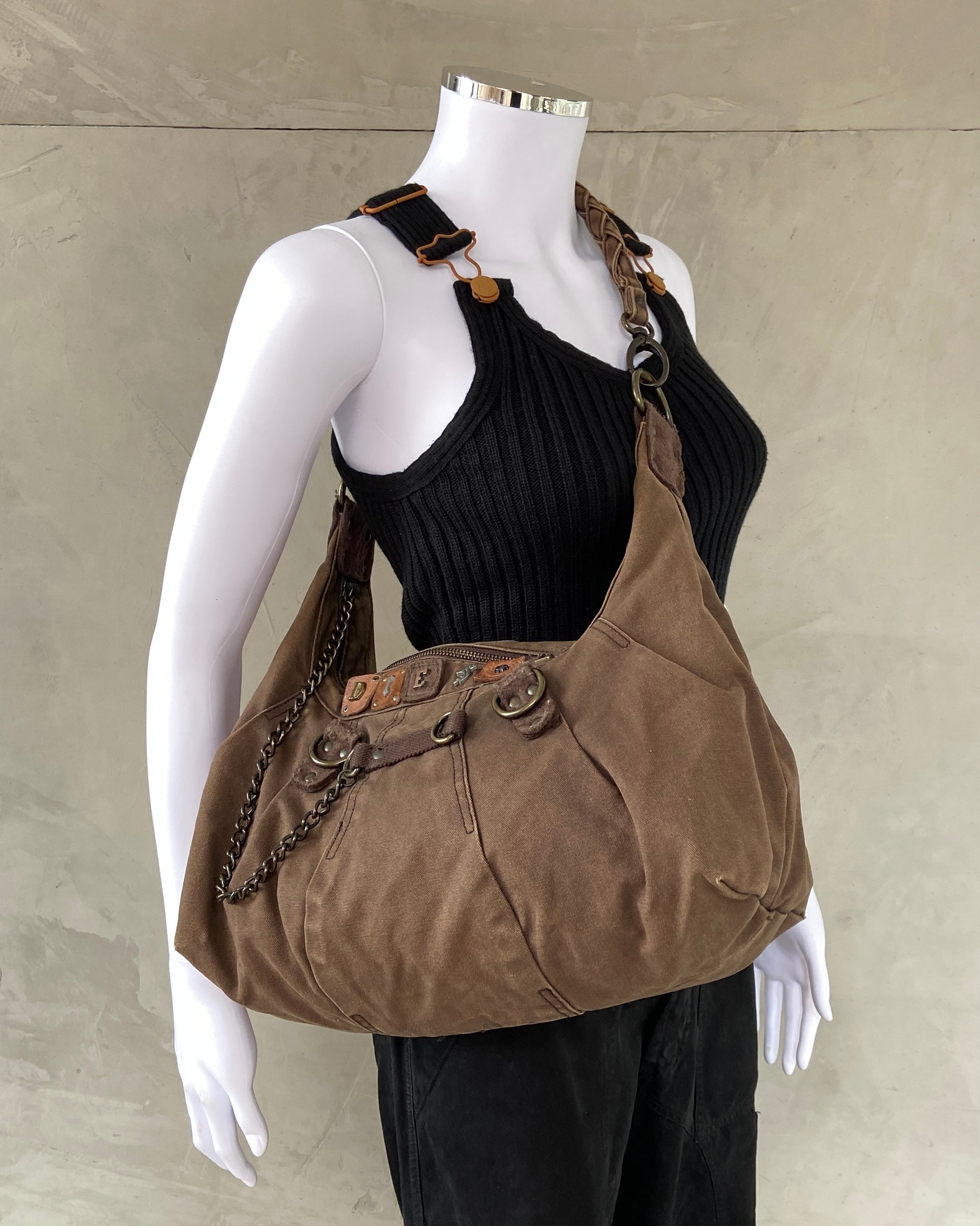 DIESEL 2000'S BROWN CANVAS SHOULDER BAG