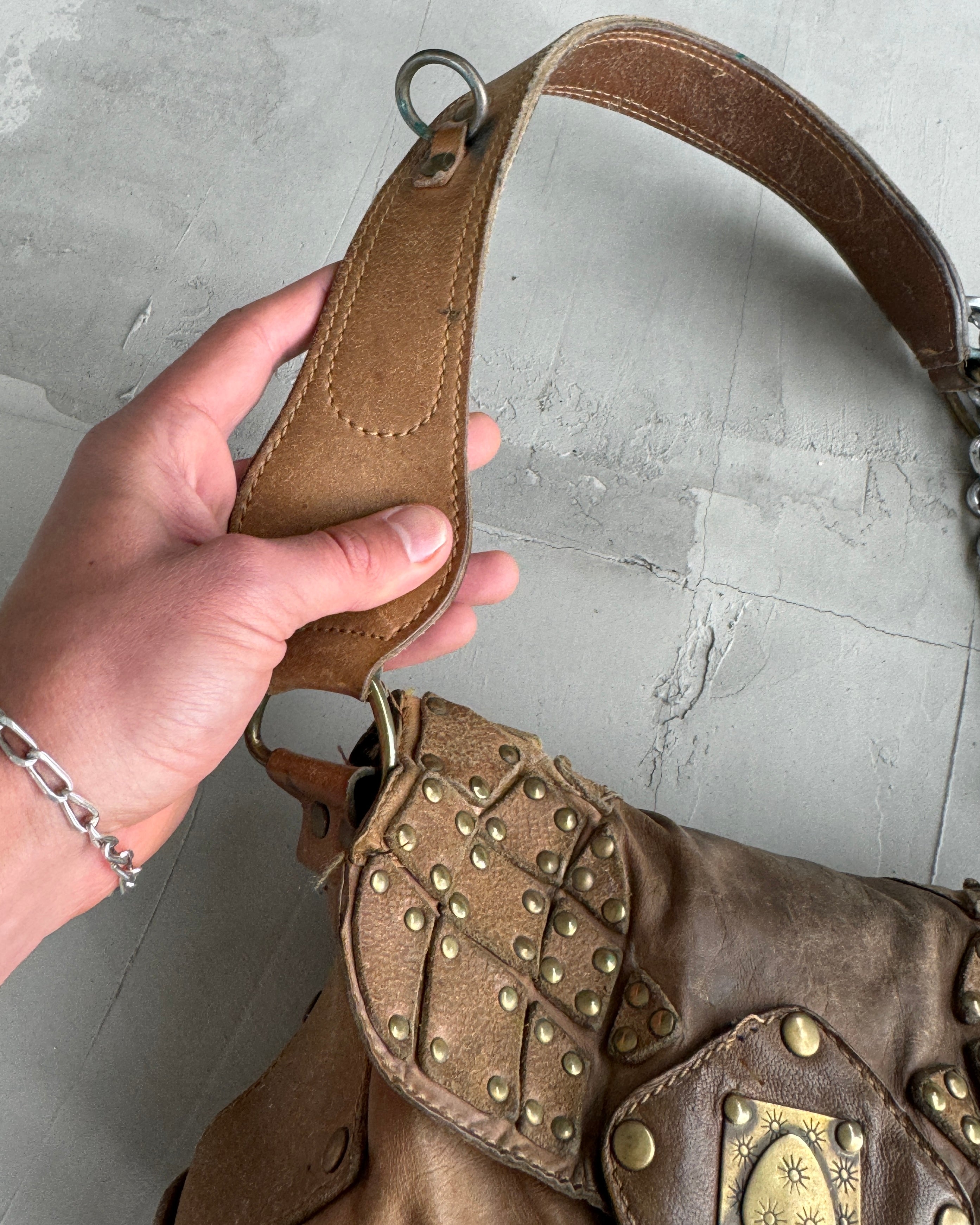 DIESEL 90'S BROWN LEATHER & CHROME SHOULDER BAG