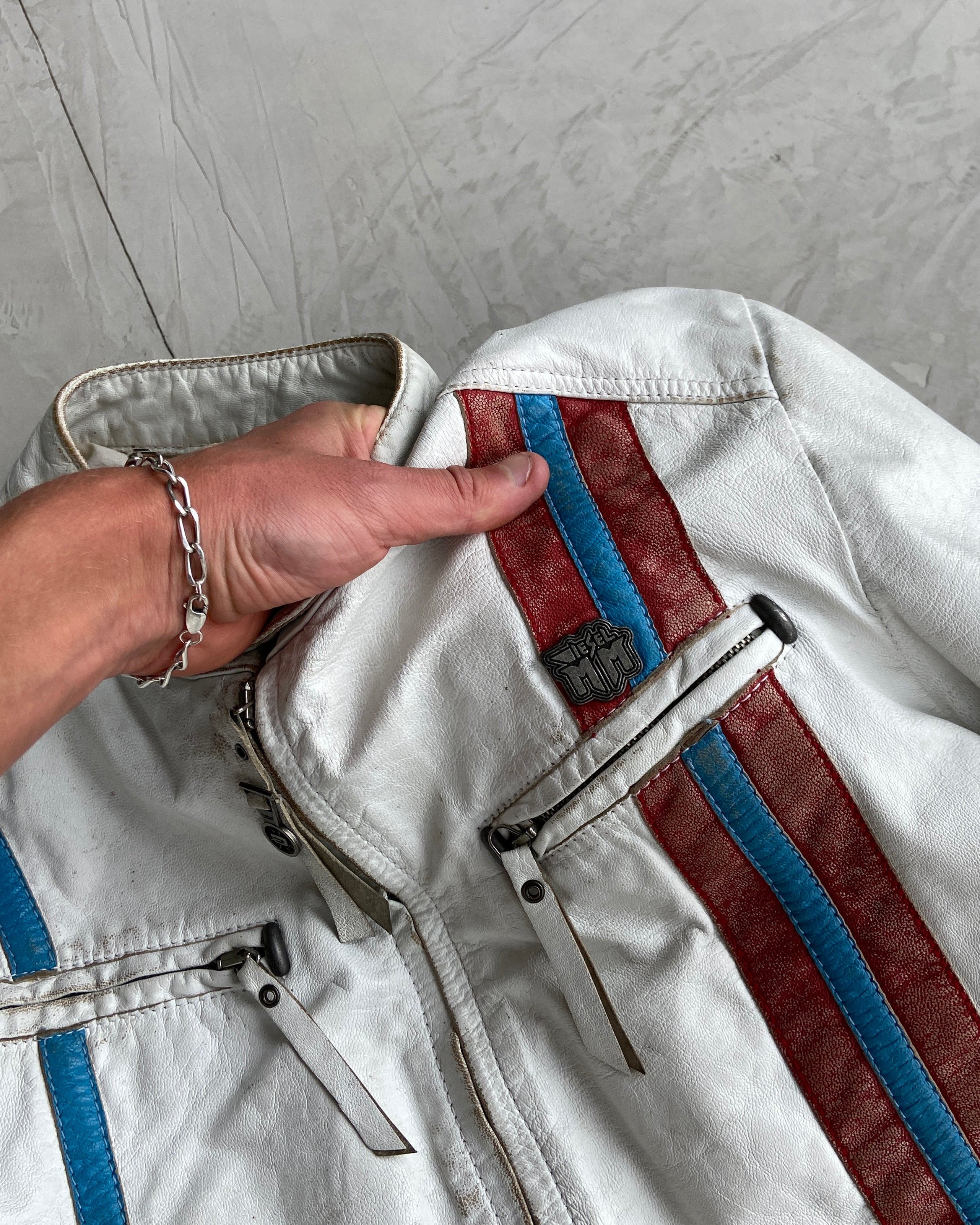 DIESEL 2000'S WHITE LEATHER RACER JACKET - M