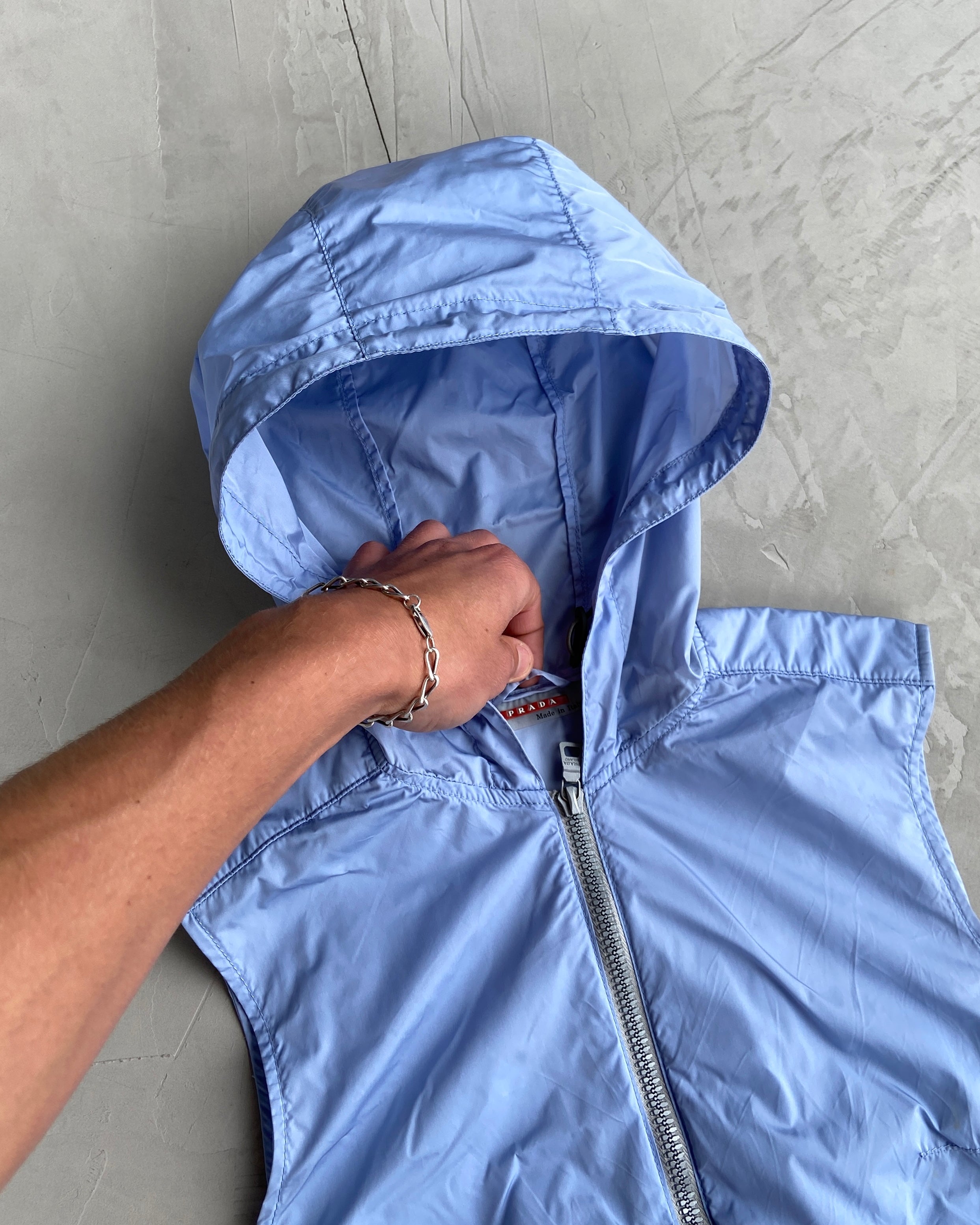 PRADA SS1999 BABY BLUE NYLON HOODED TOP - S/M
