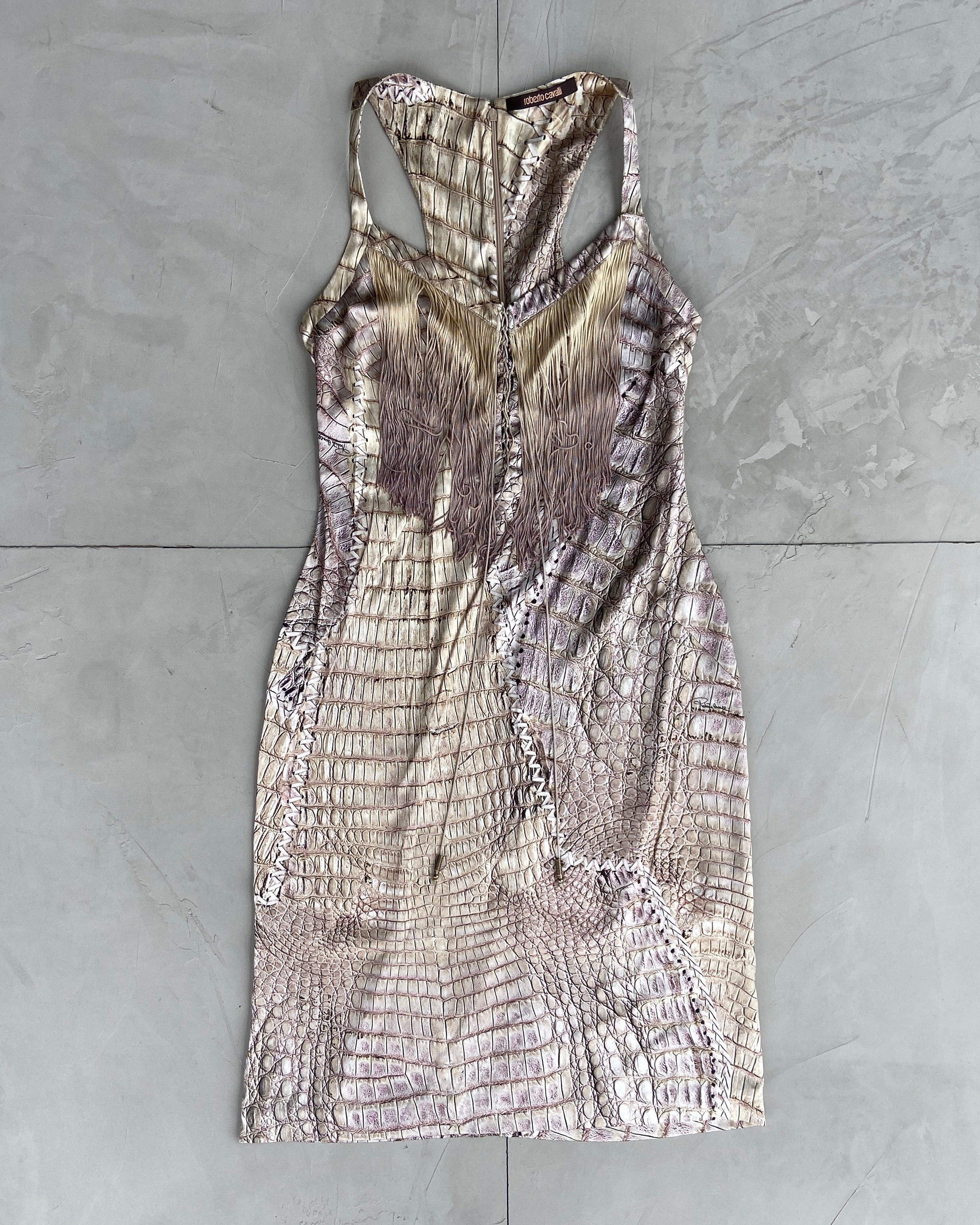 ROBERTO CAVALLI SS2011 SNAKE PRINT FRINGE DRESS - M