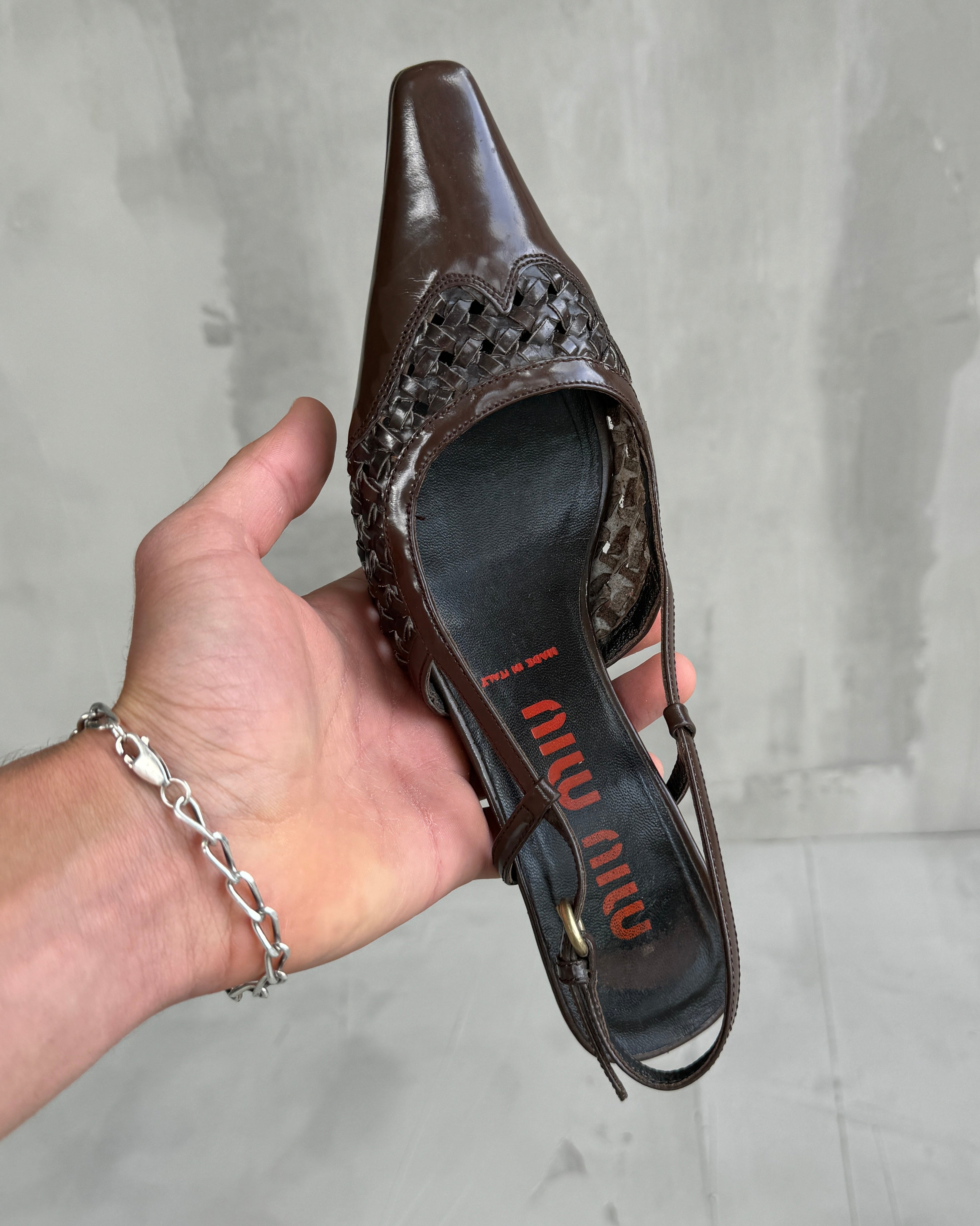 MIU MIU 2000'S WOVEN LEATHER SLING BACK KITTEN HEELS - EU 35.5 / UK 3