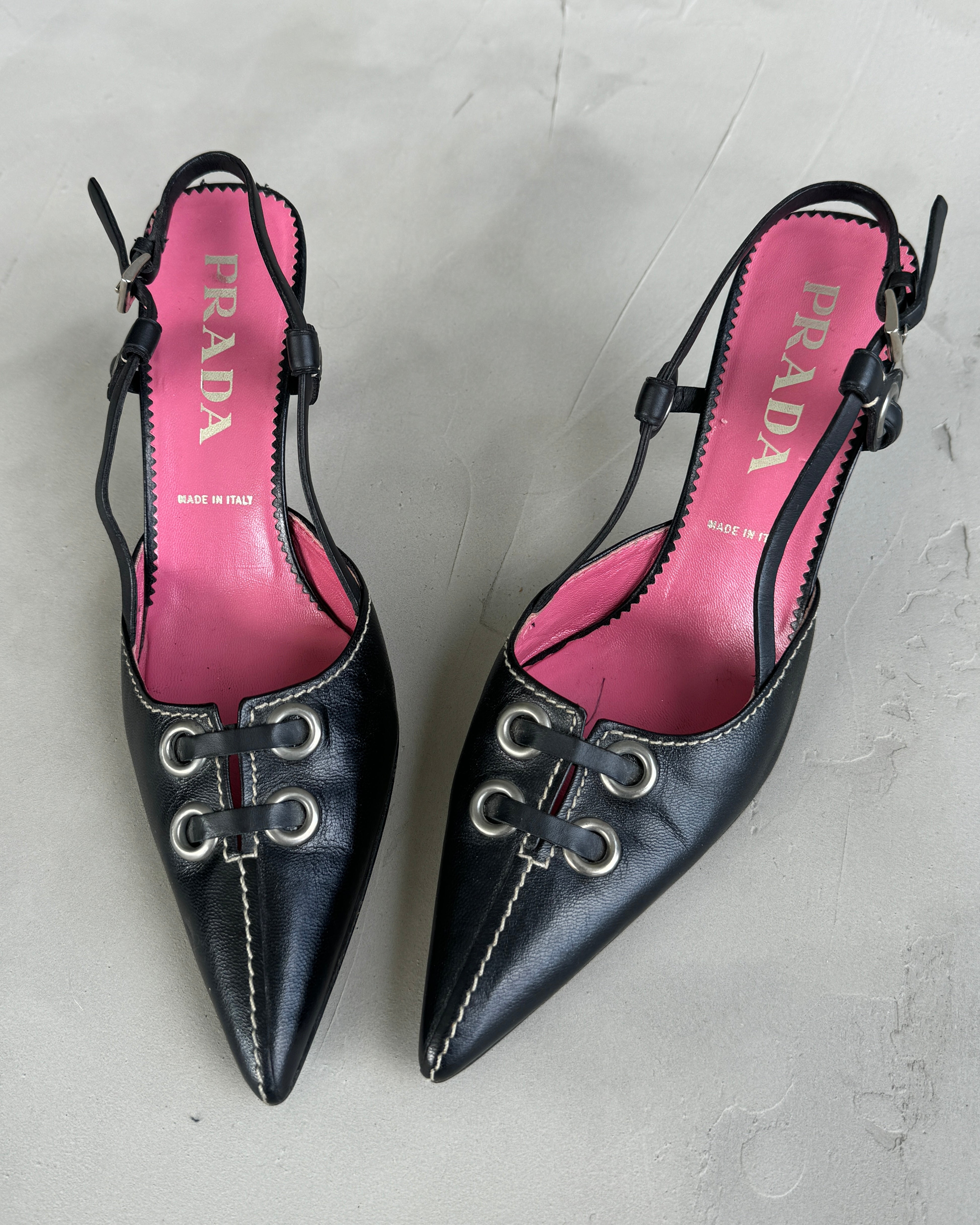 PRADA BLACK LEATHER LACE UP KITTEN HEELS - EU 35.5 / UK 3