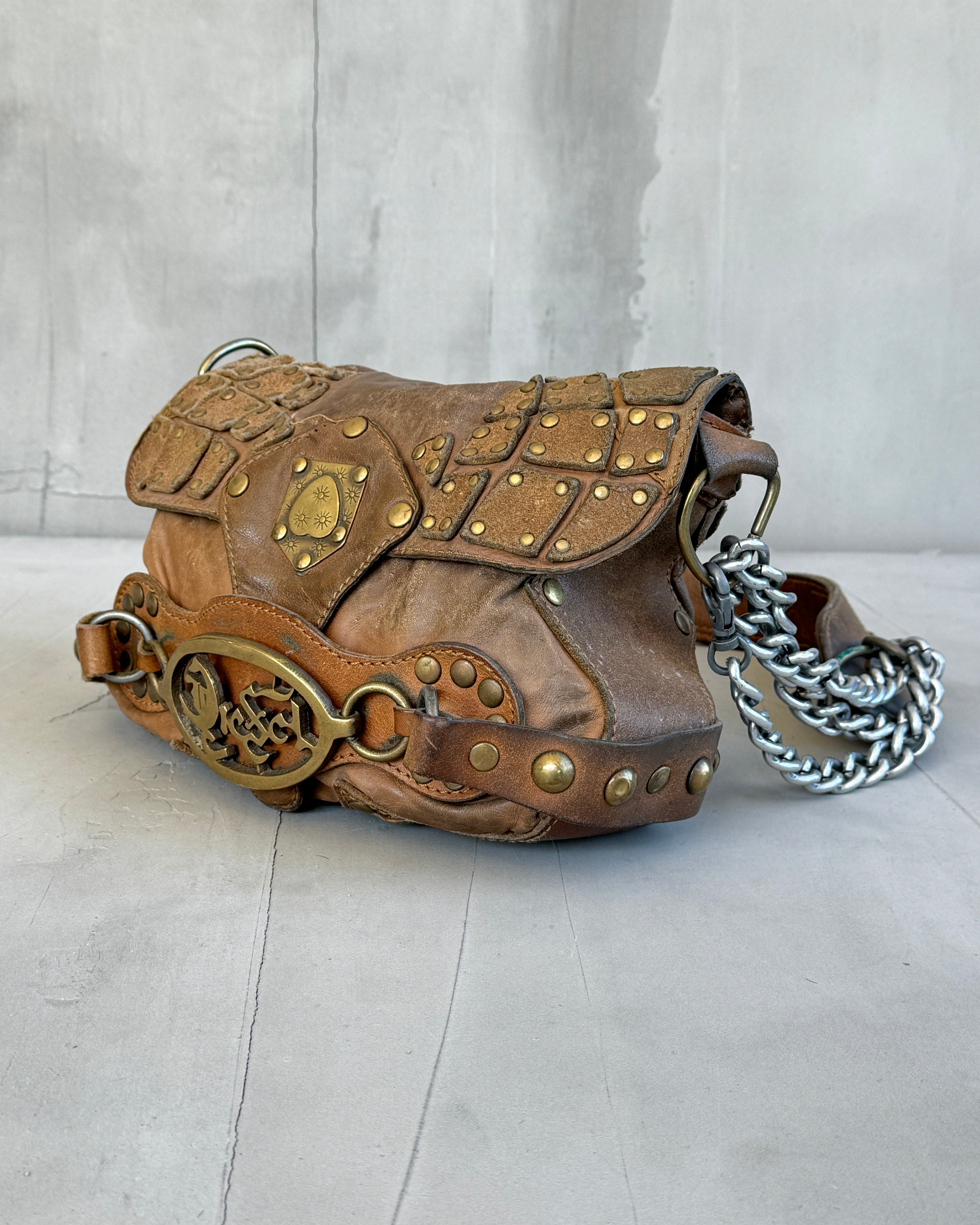 DIESEL 90'S BROWN LEATHER & CHROME SHOULDER BAG