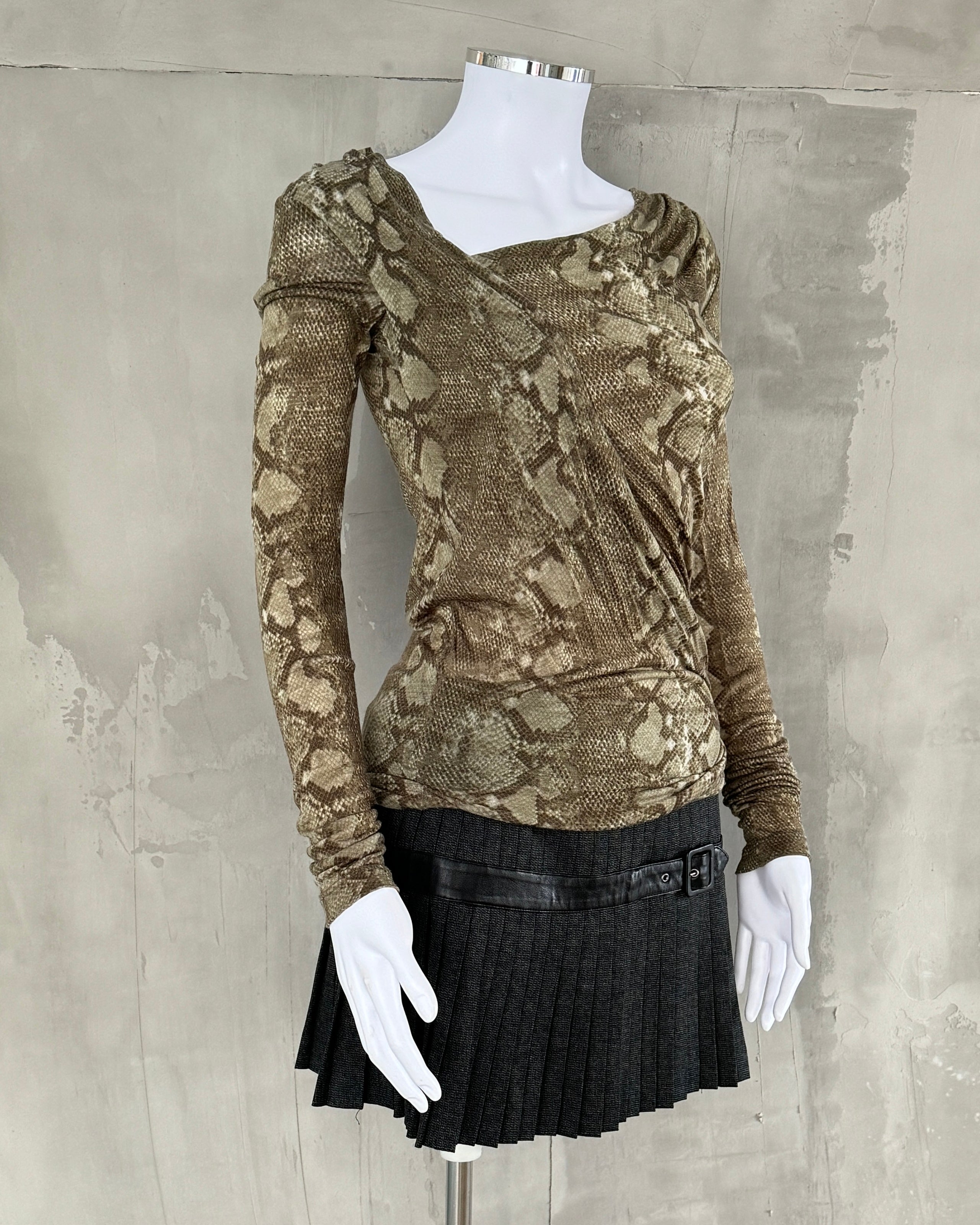 PLEIN SUD 2000'S SNAKE PRINT ASYMMETRIC LONG SLEEVE TOP - L