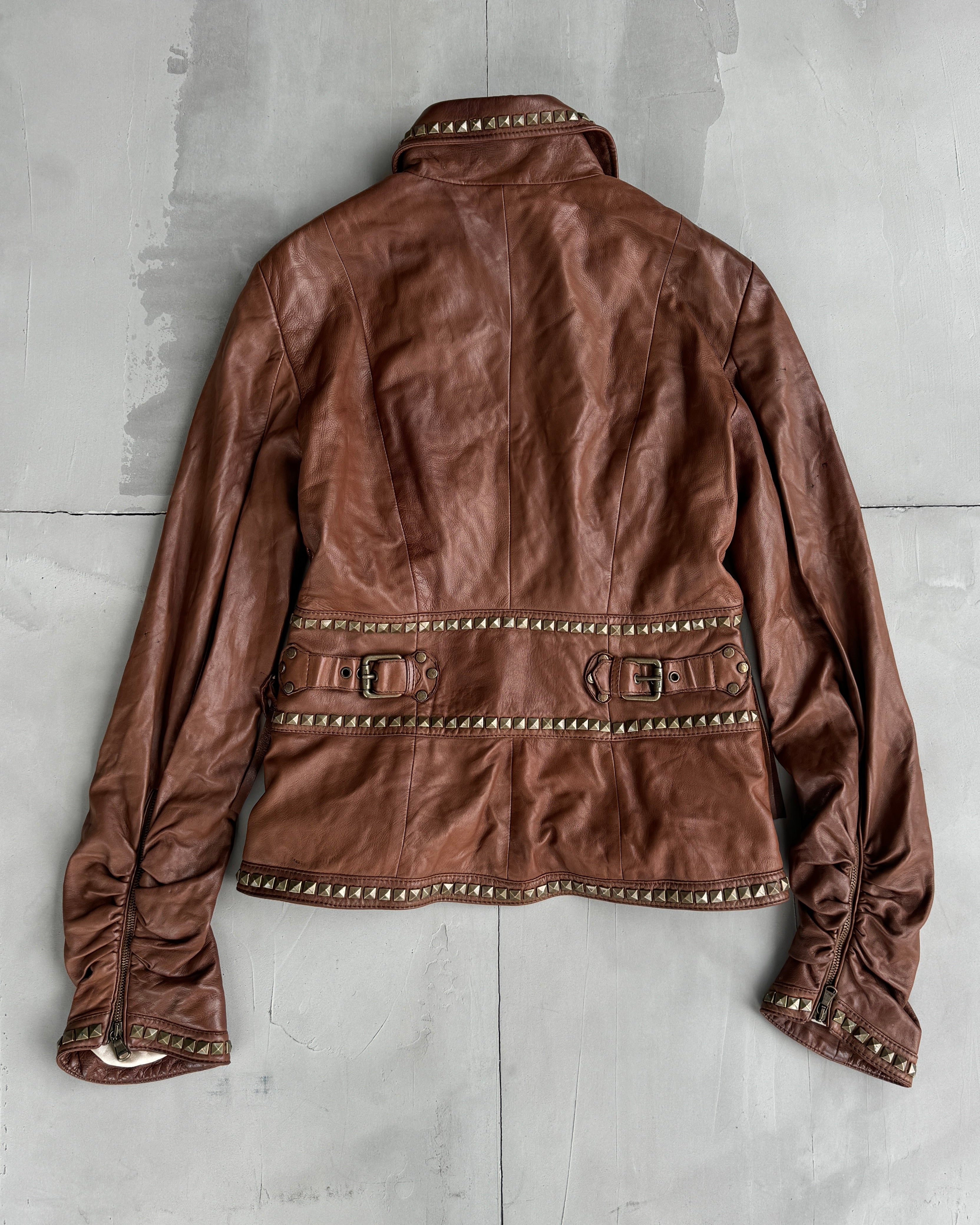 ROBERTO CAVALLI AW05 RUCHED STUDDED LEATHER JACKET - M