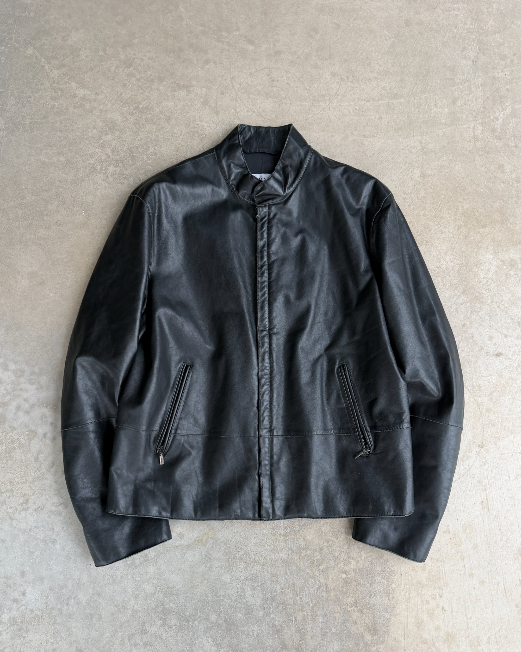 Armani Collezioni Calfskin Leather Jacket – M–L-on a concrete background