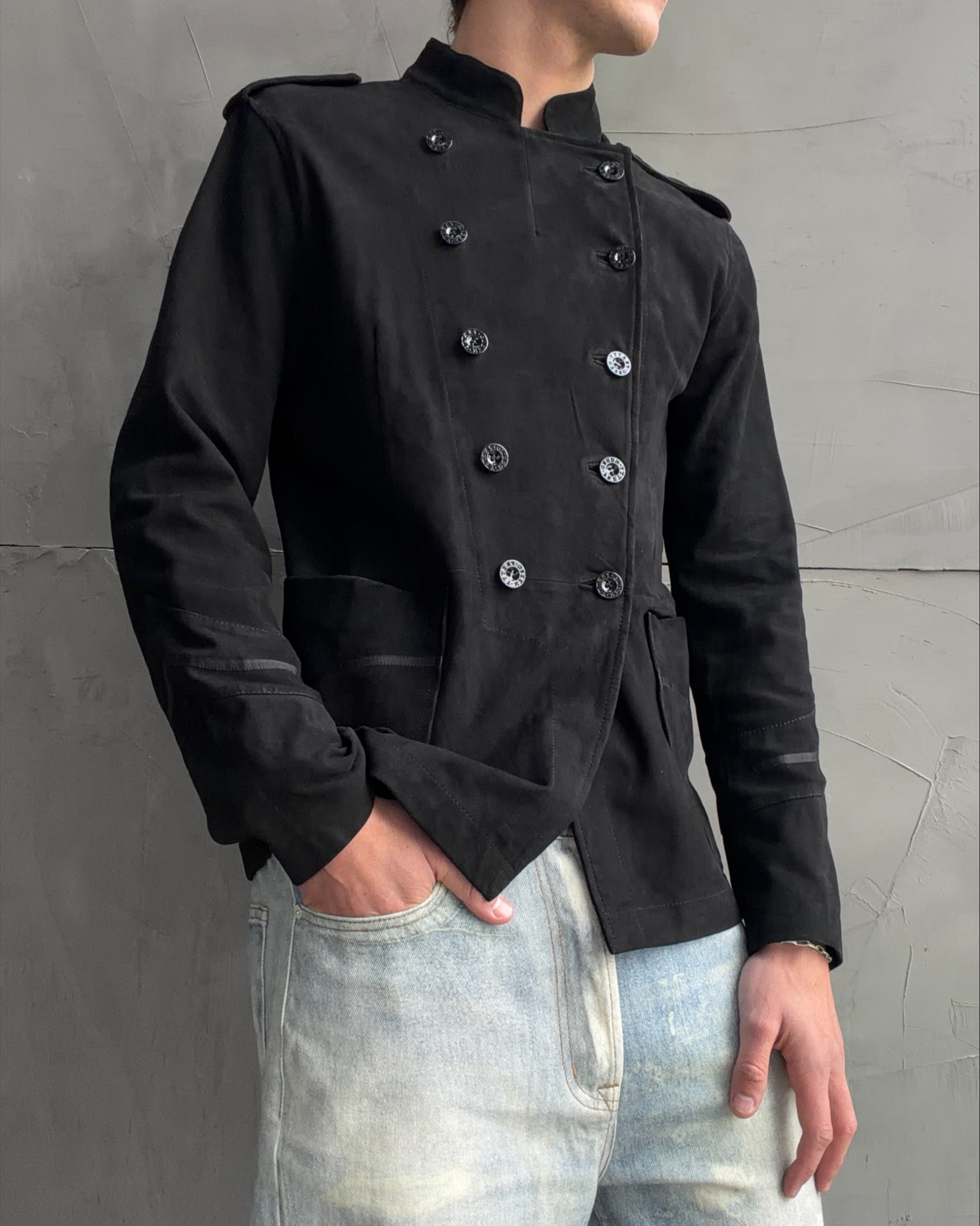 Pretty Green Military Button-Up Suede Jacket – S–M-on a concrete background