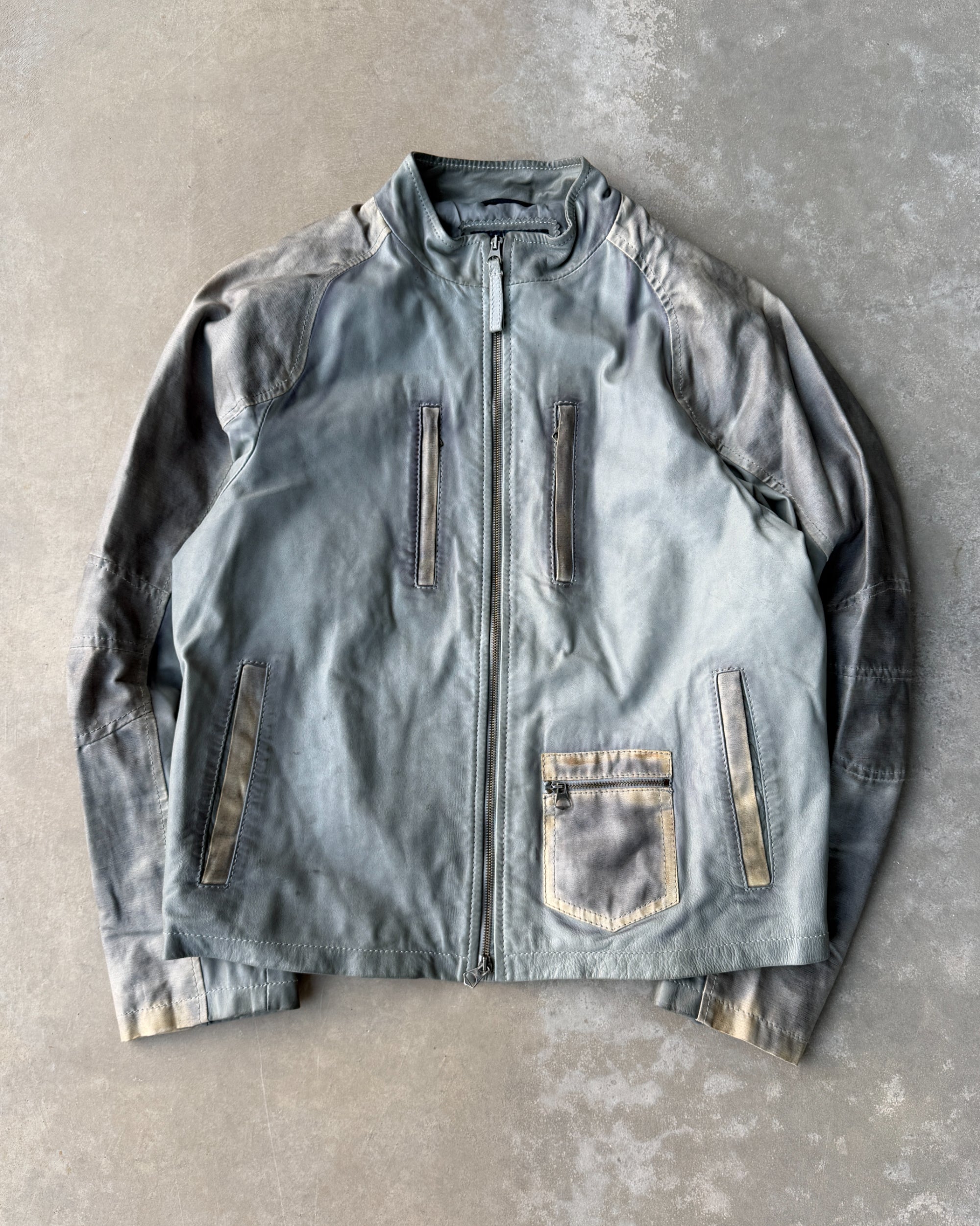 Armani Jeans Distressed Leather Jacket – L-on a concrete background