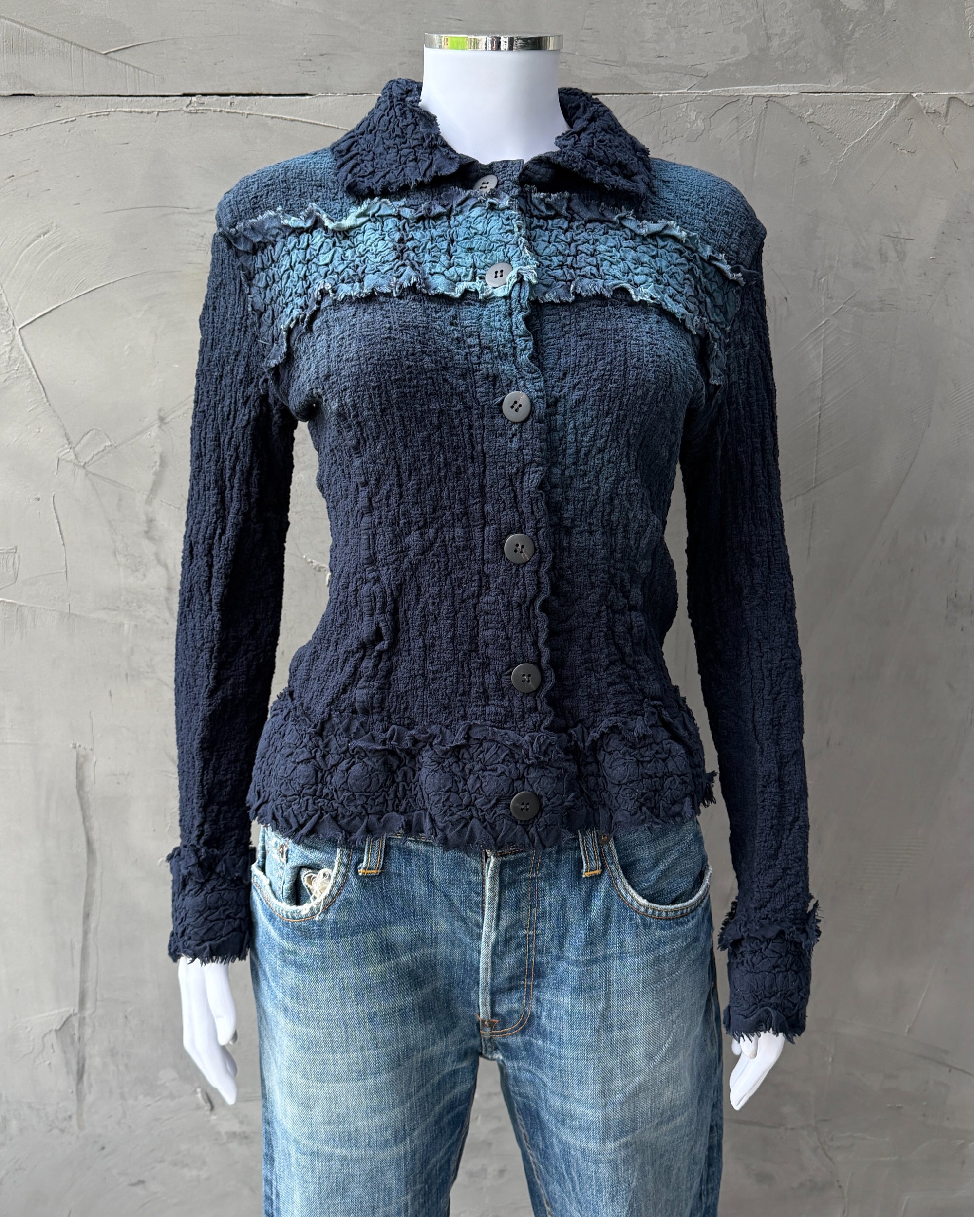 Issey Miyake ME Crinkled Gradient Top – S–M-on a concrete background