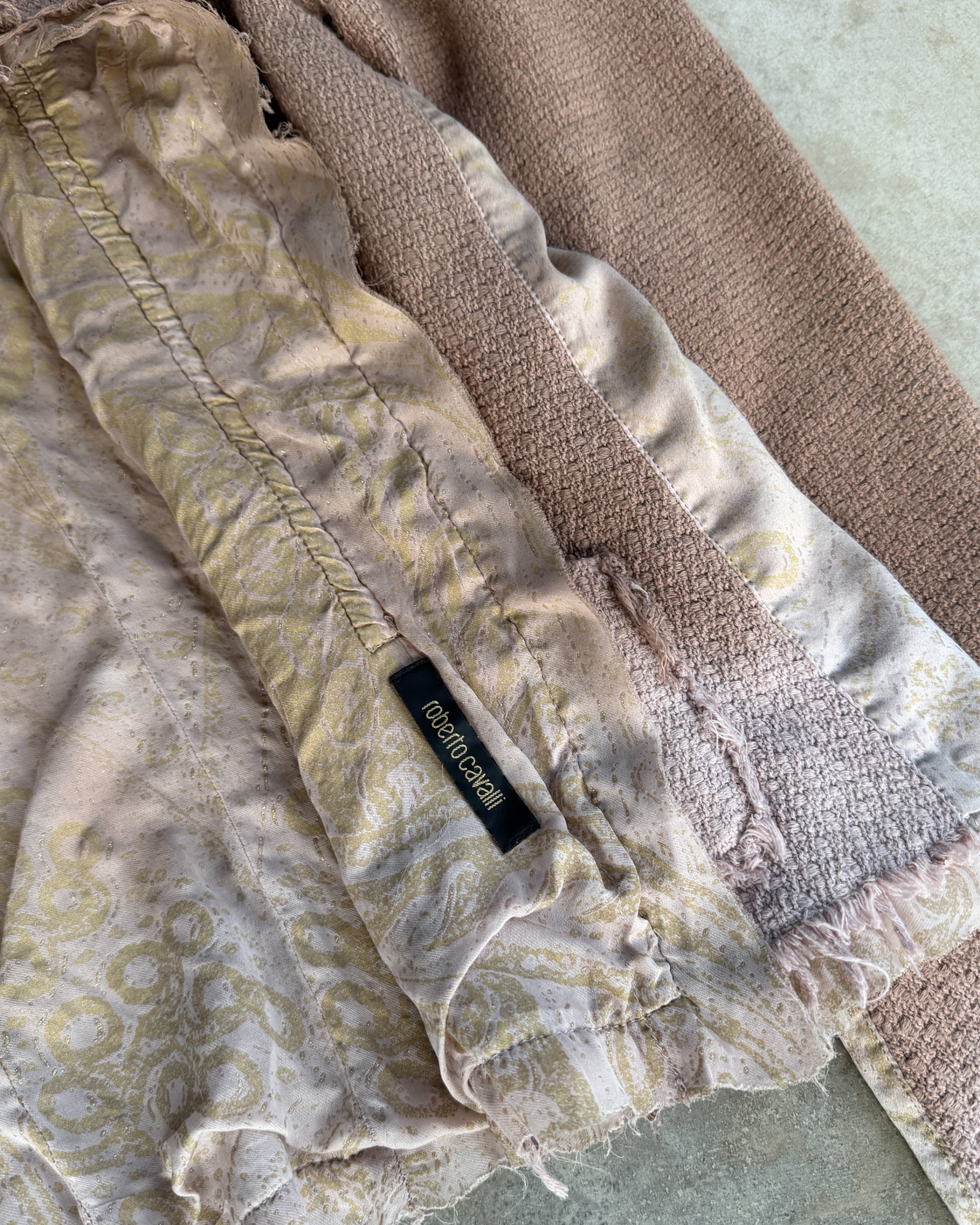 Roberto Cavalli 2004 Cotton and Silk Asymmetric Clasp Jacket – XL-on a concrete background