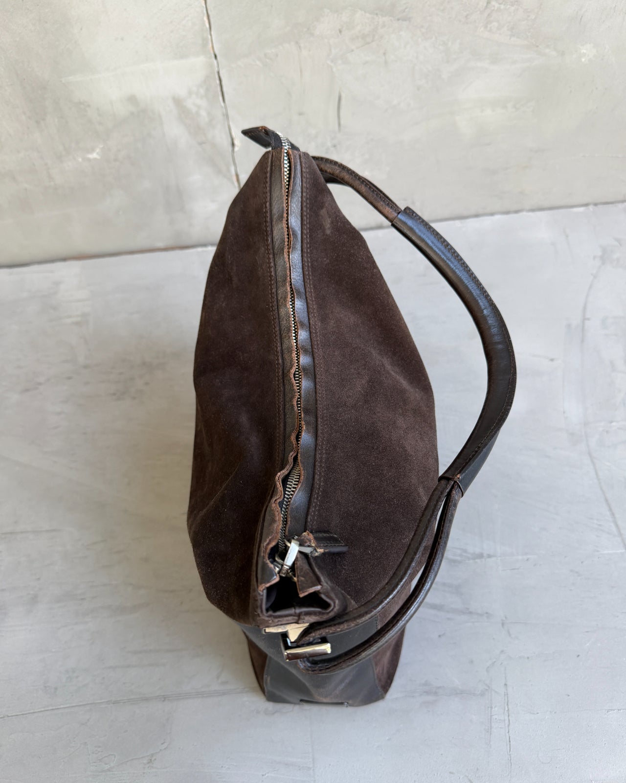 Gucci by Tom Ford Brown Suede and Leather Shoulder Bag-on a concrete background