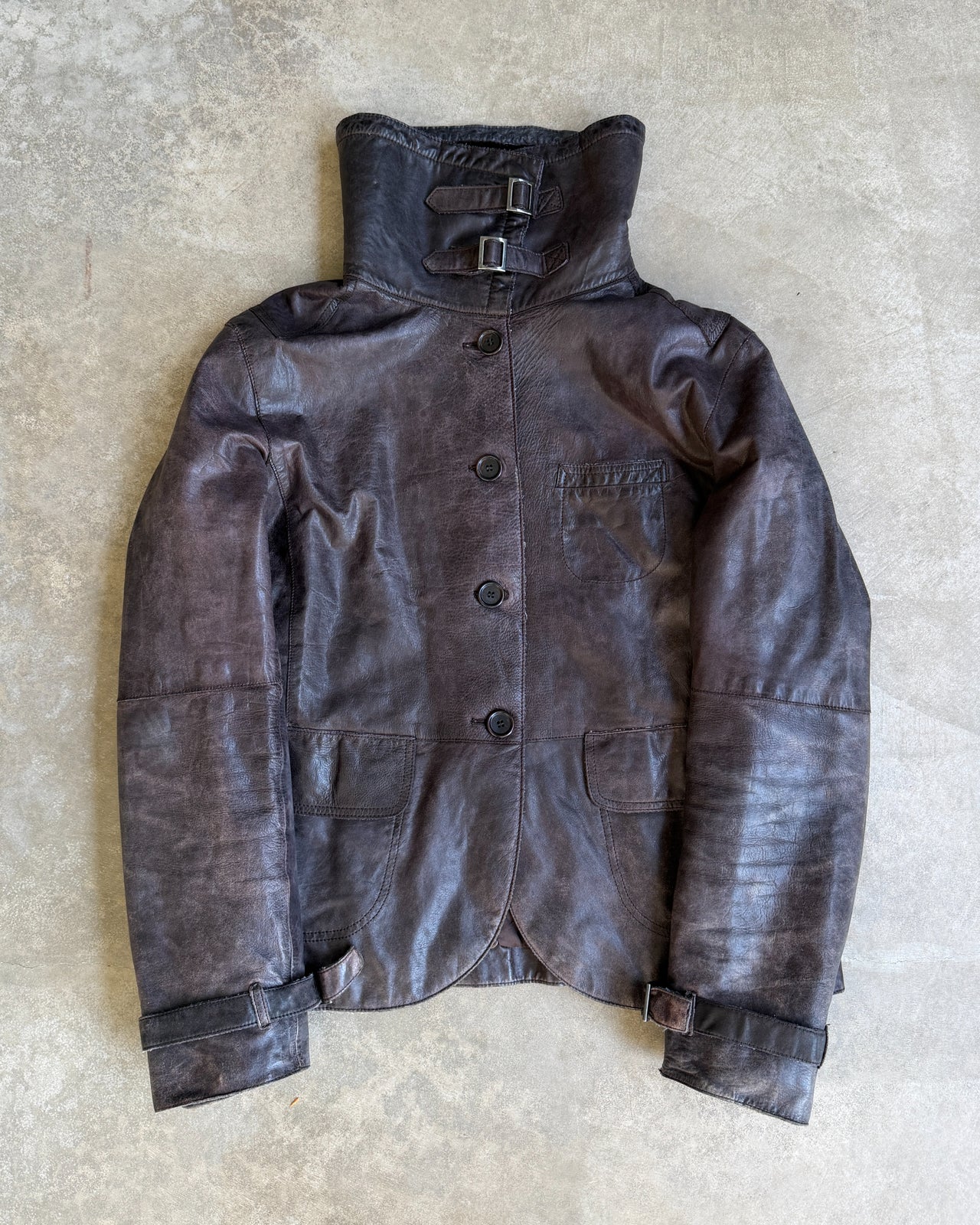 Emporio Armani Brown Funnel Neck Leather Jacket – S/M-on a concrete background