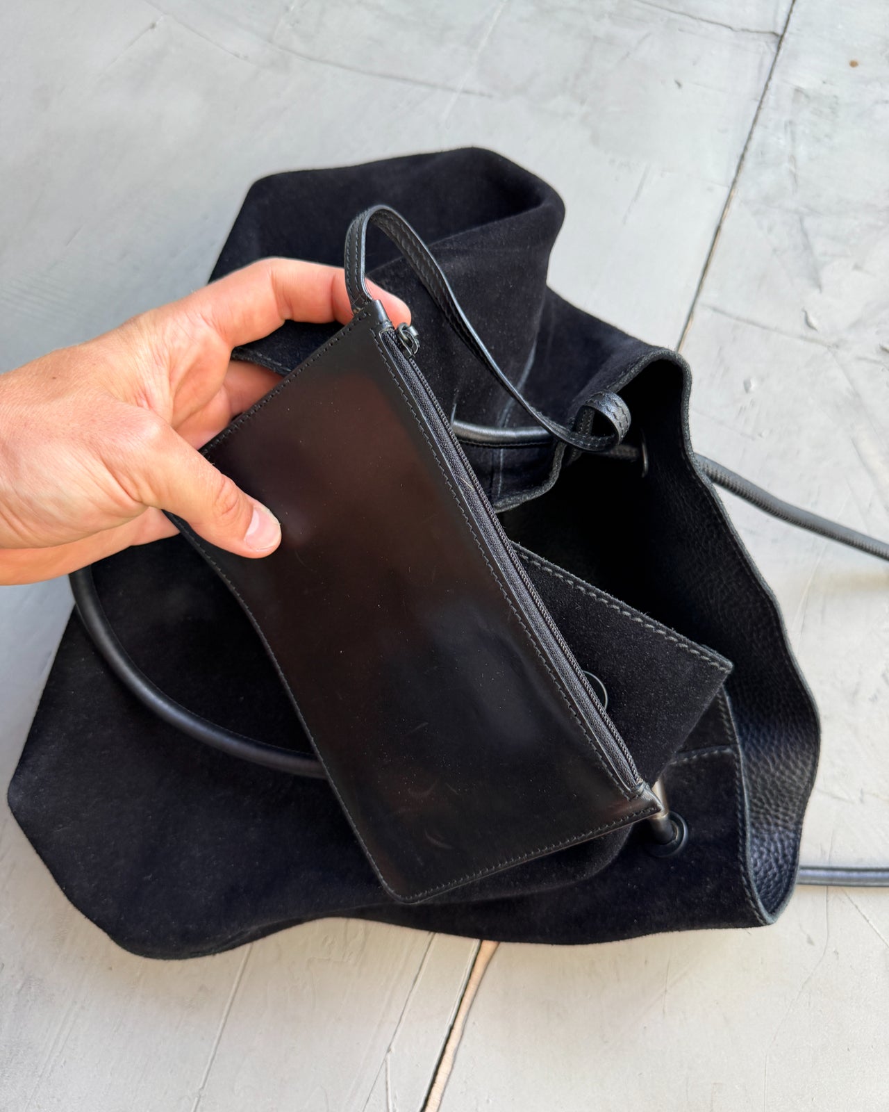 Gucci by Tom Ford Black Suede Leather Shoulder Bag-on a concrete background