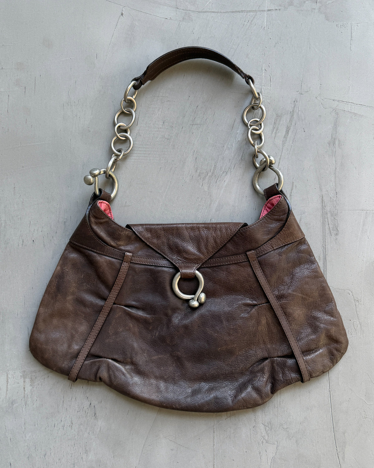 Kenzo Brown Leather Shoulder Bag-on a concrete background