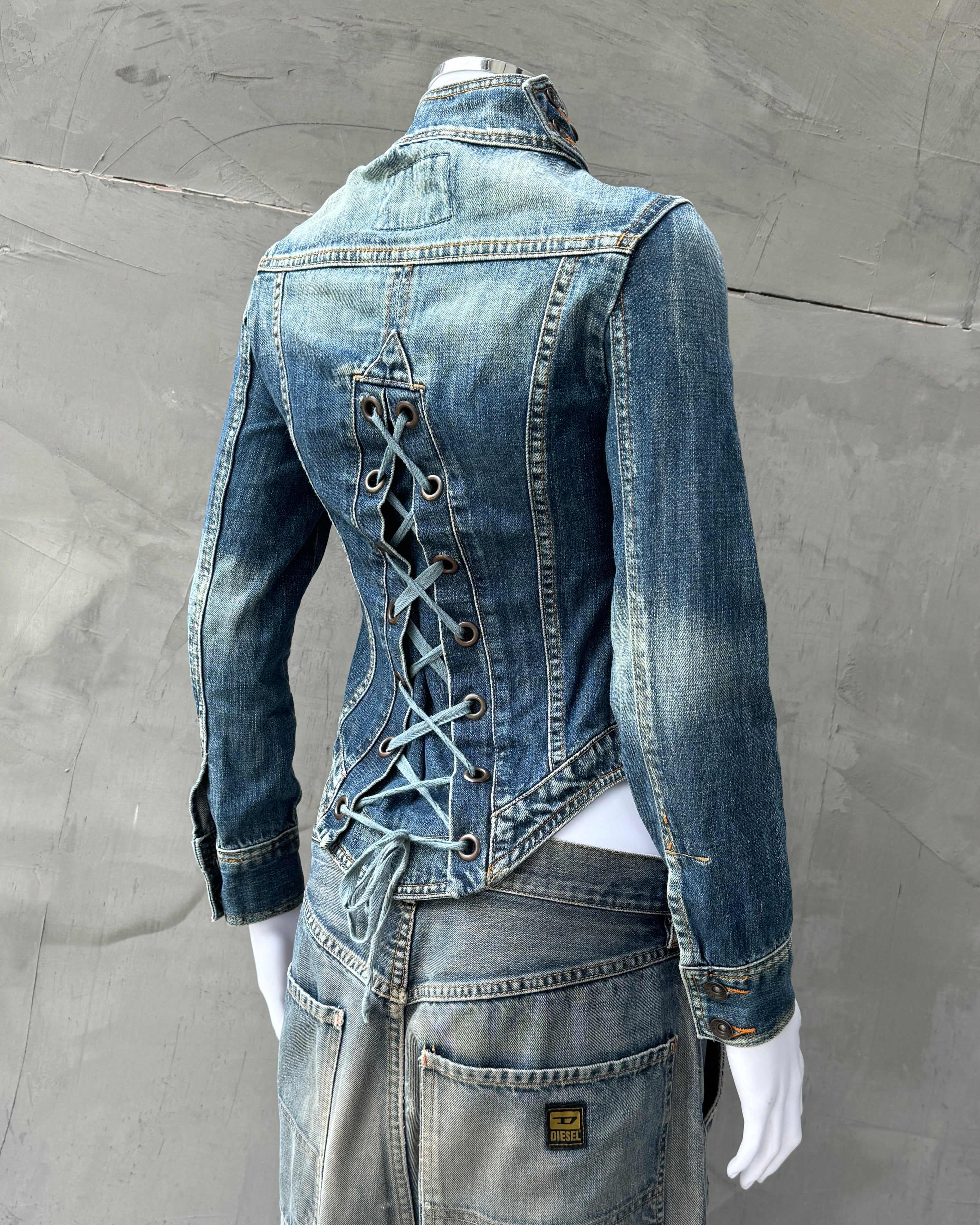 2000'S LACE UP CORSET BACK DENIM JACKET - XS