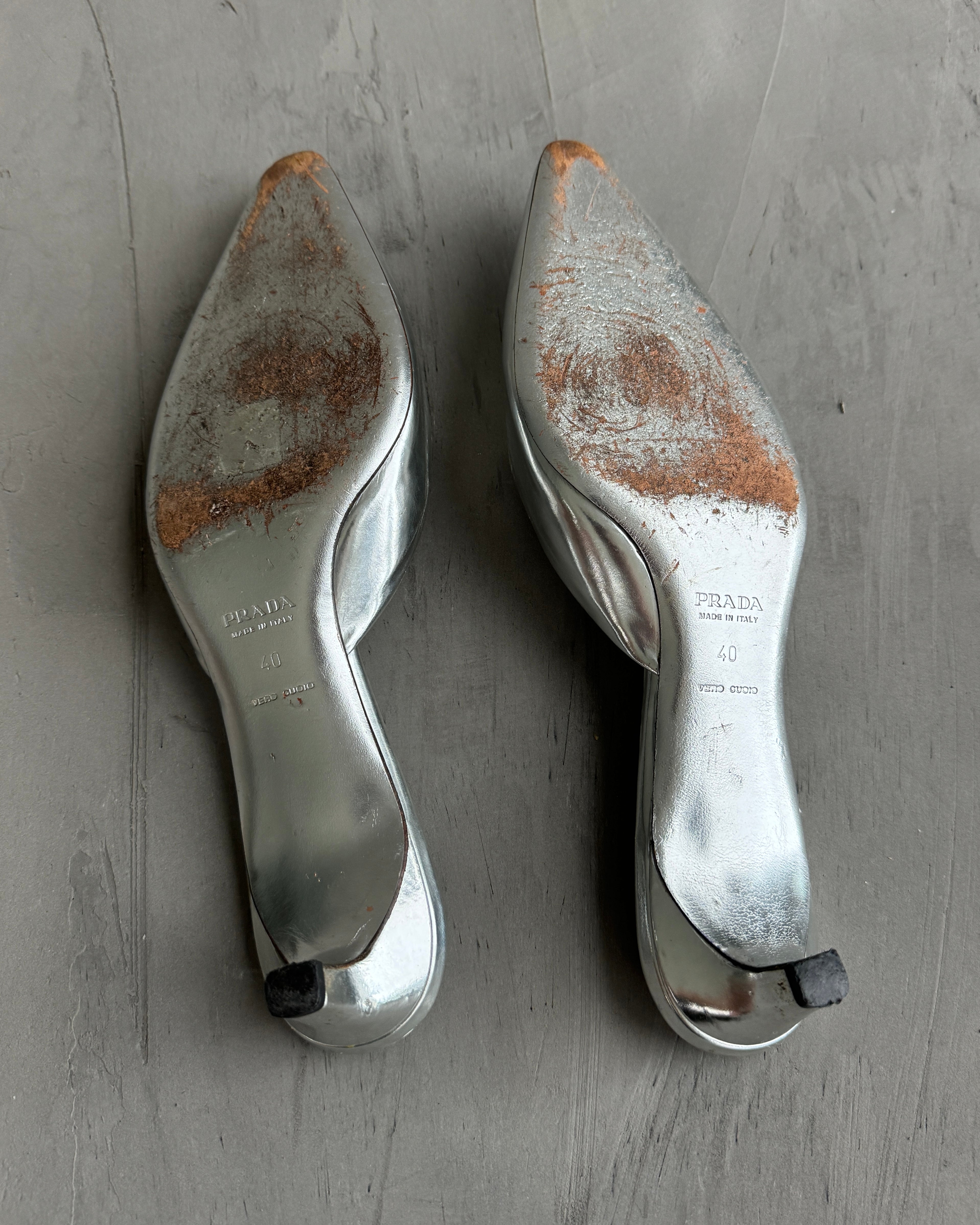 PRADA SILVER MULE KITTEN HEELS - EU40