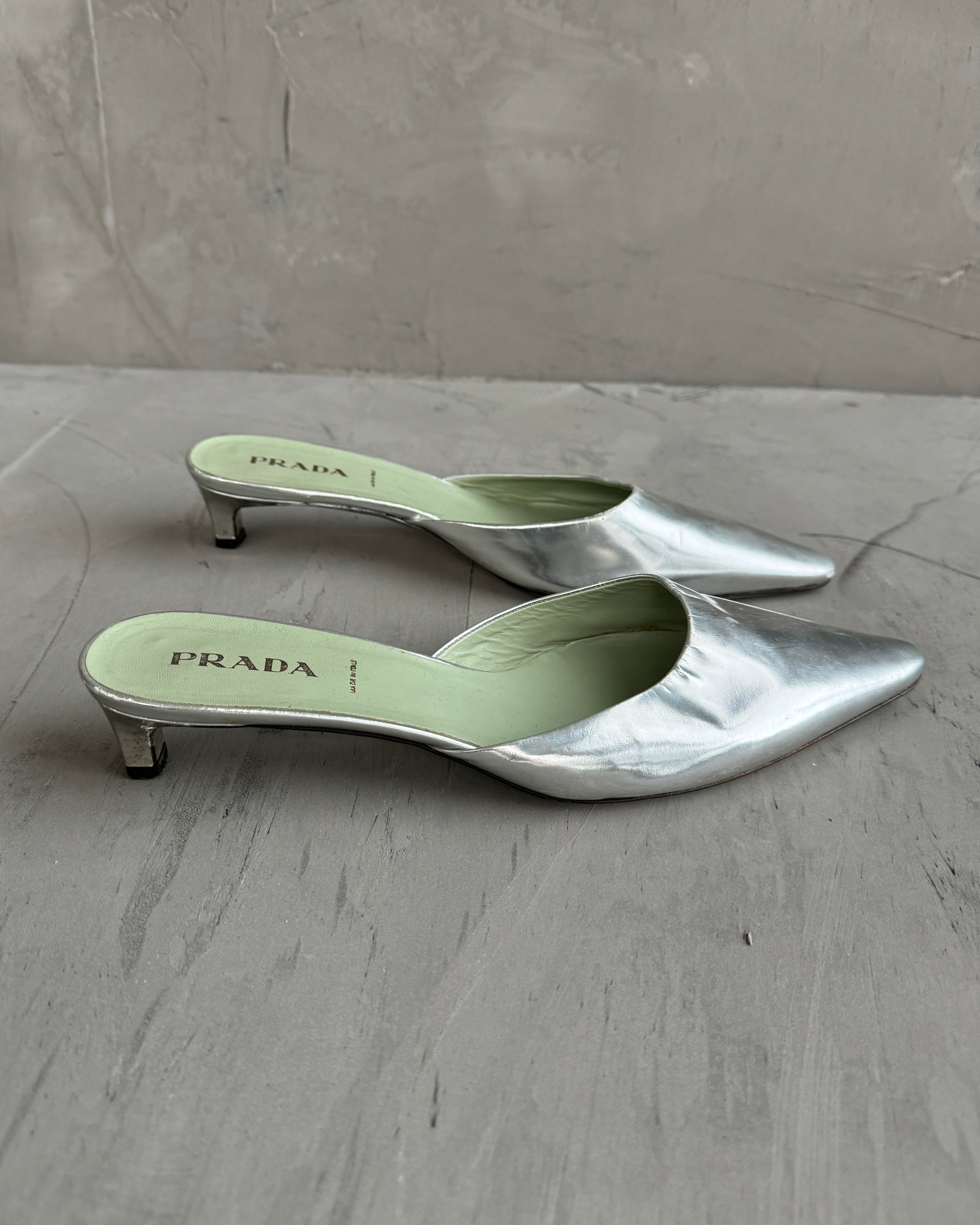 PRADA SILVER MULE KITTEN HEELS - EU40