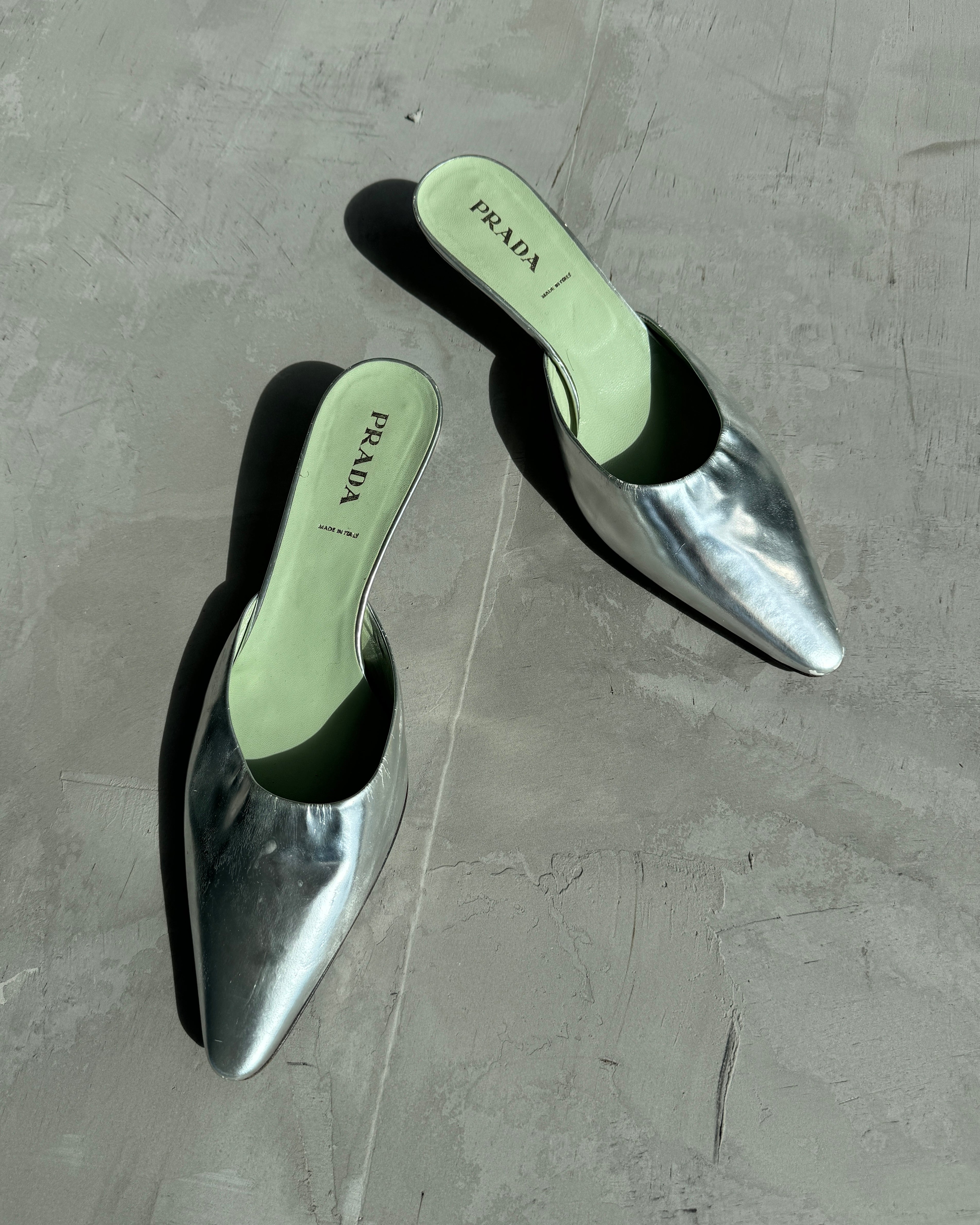 PRADA SILVER MULE KITTEN HEELS - EU40
